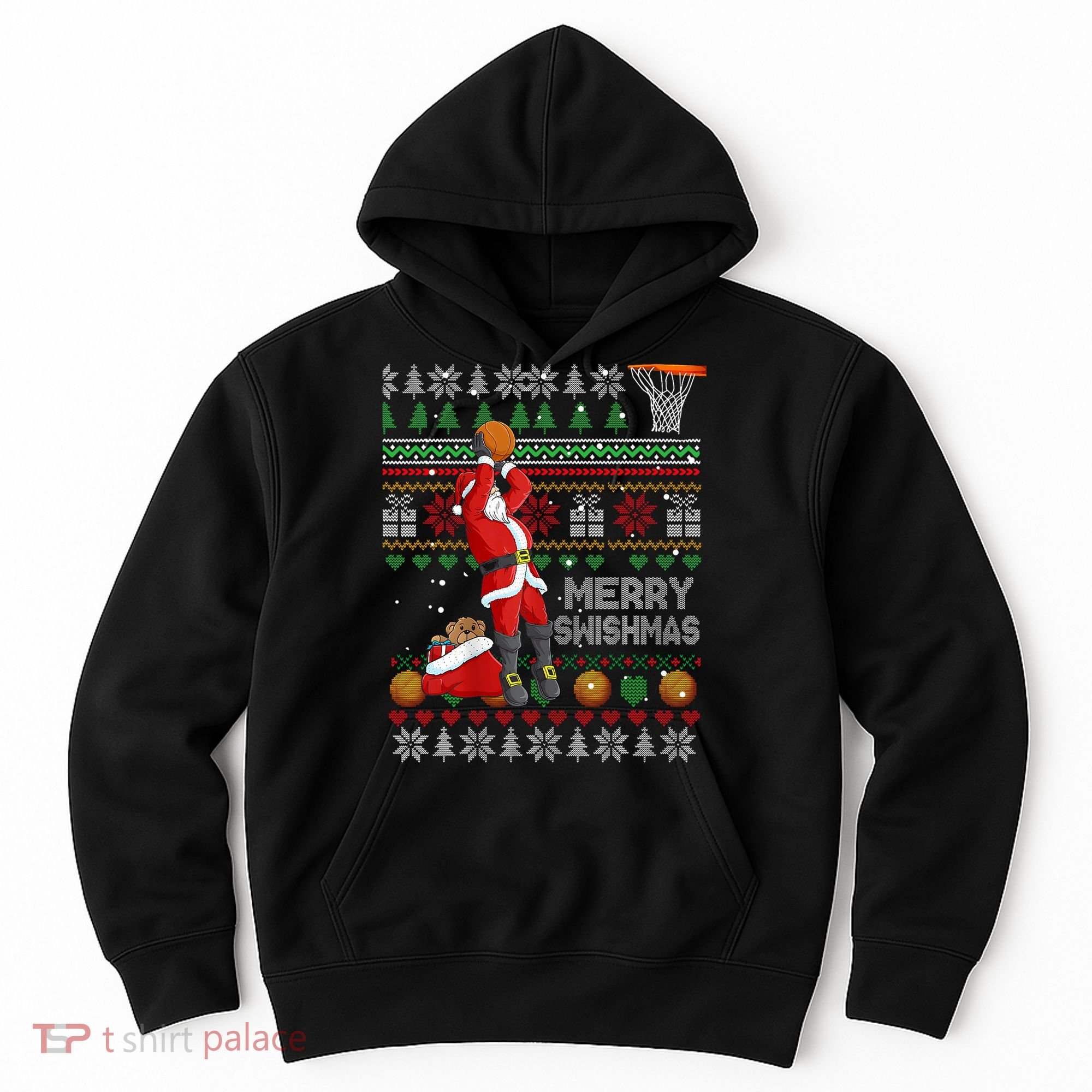 Funny Merry Swishmas Christmas Santa Playing Basketball Hoodie