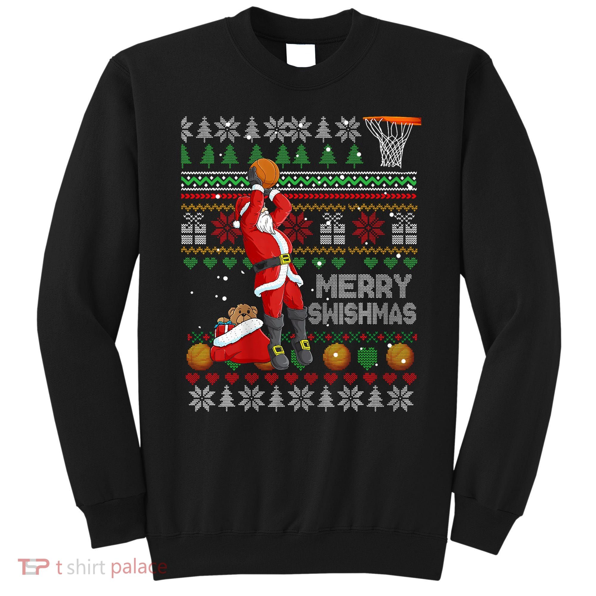 Funny Merry Swishmas Christmas Santa Playing Basketball Sweatshirt