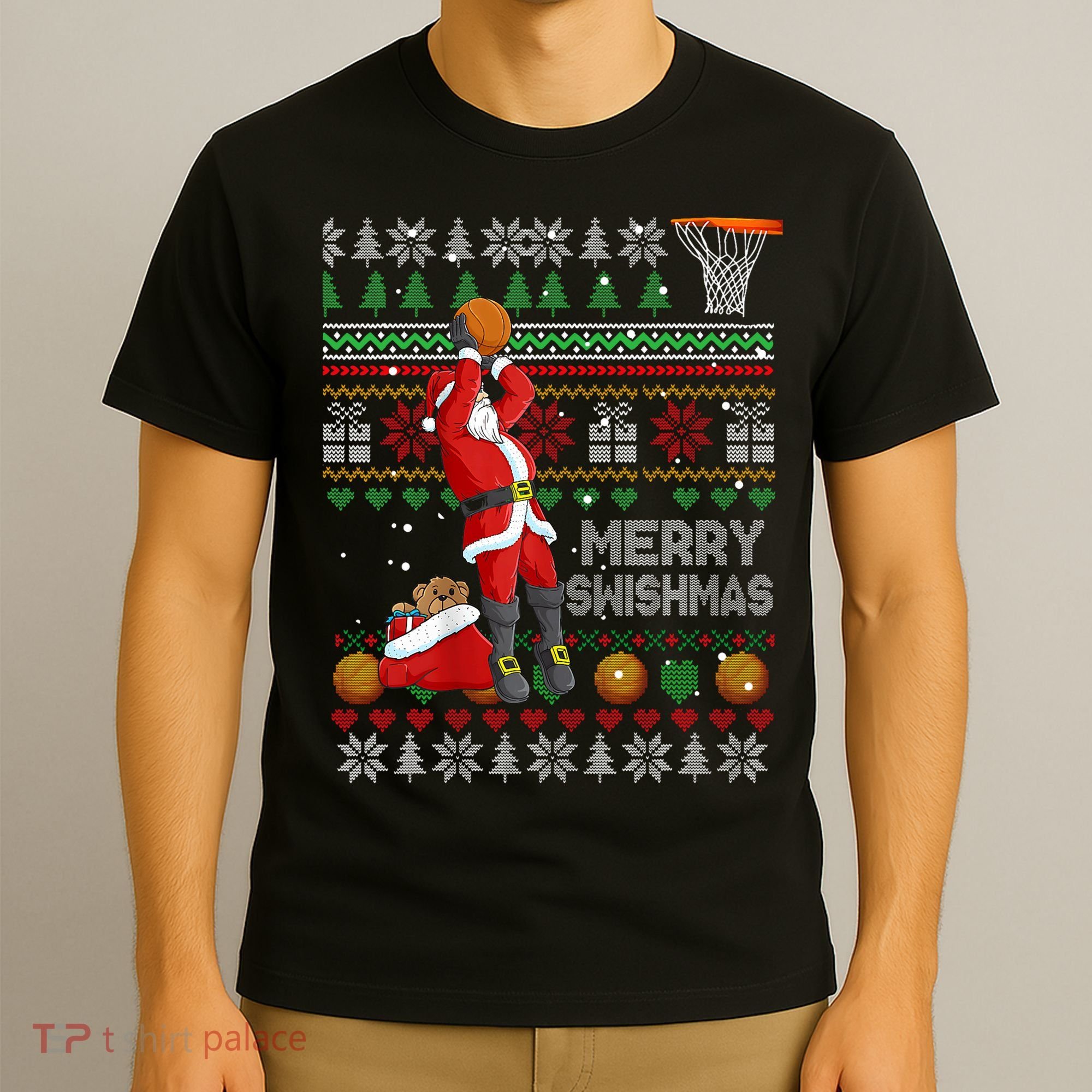 Funny Merry Swishmas Christmas Santa Playing Basketball T-Shirt