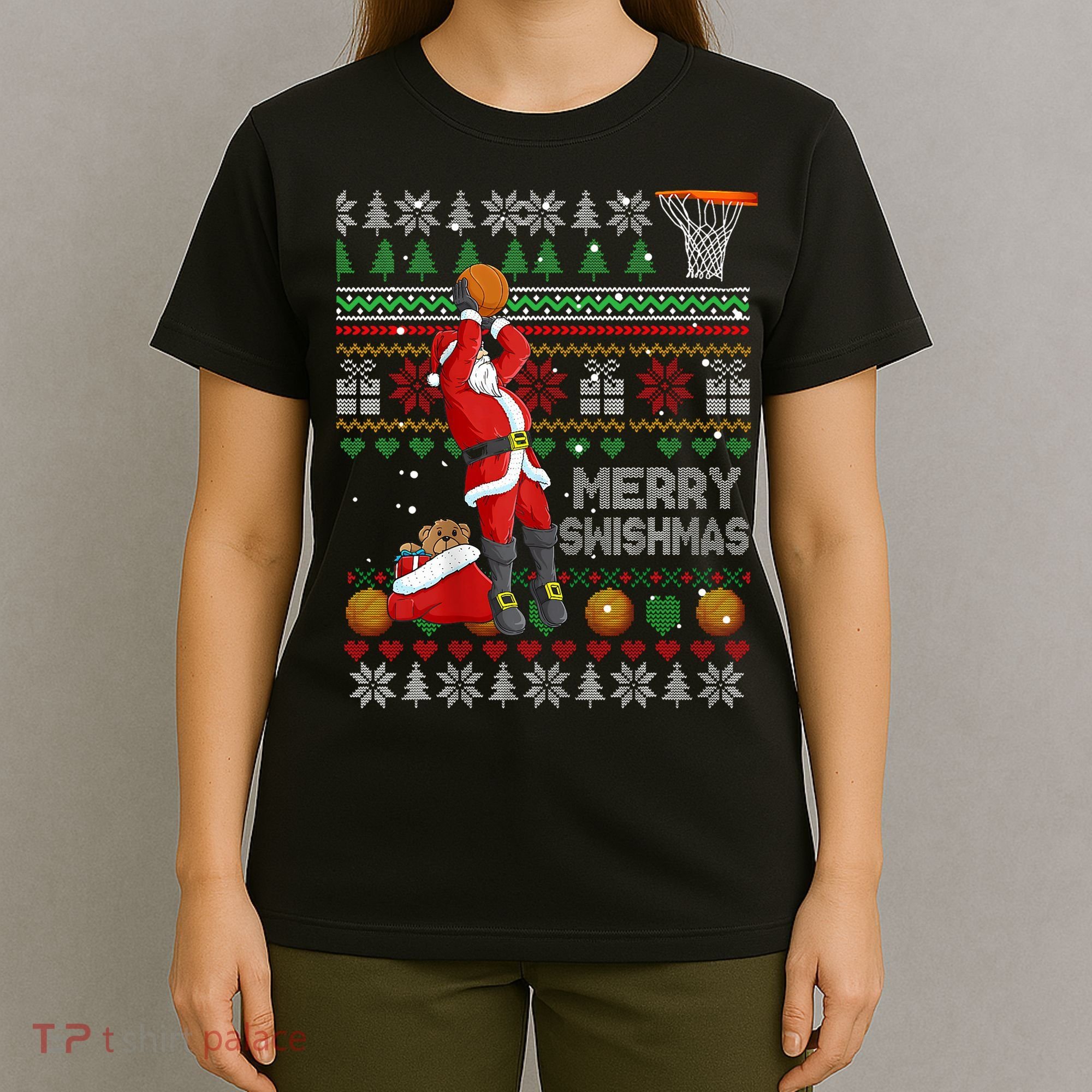 Funny Merry Swishmas Christmas Santa Playing Basketball T-Shirt
