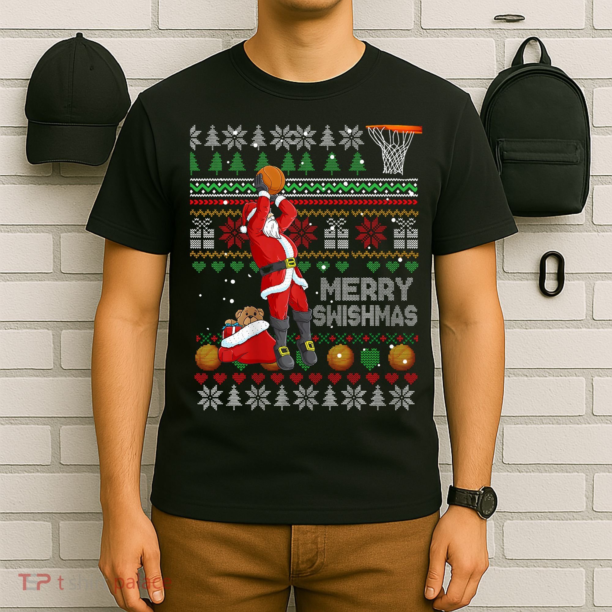 Funny Merry Swishmas Christmas Santa Playing Basketball T-Shirt