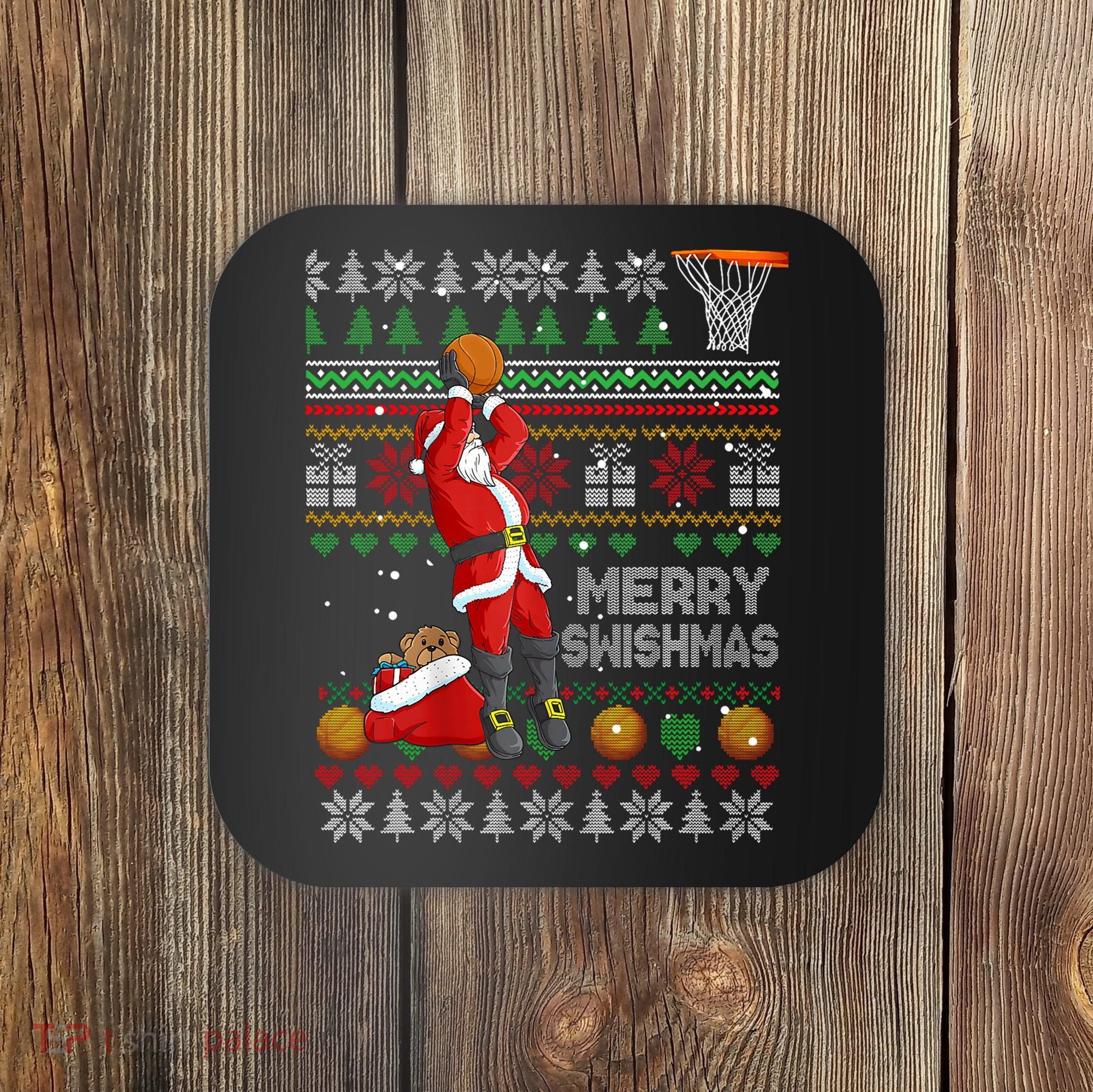 Funny Merry Swishmas Christmas Santa Playing Basketball Coaster