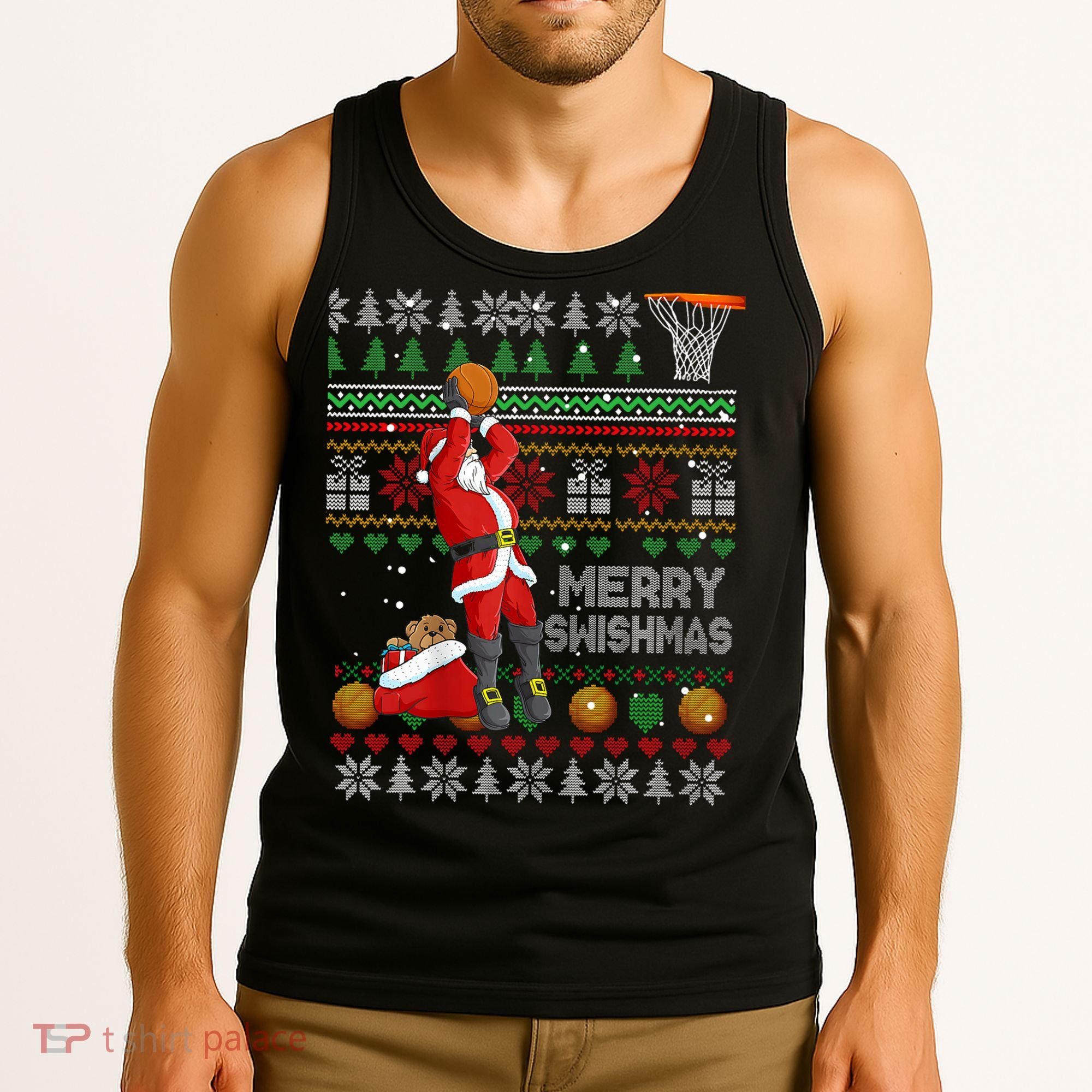 Funny Merry Swishmas Christmas Santa Playing Basketball Tank Top