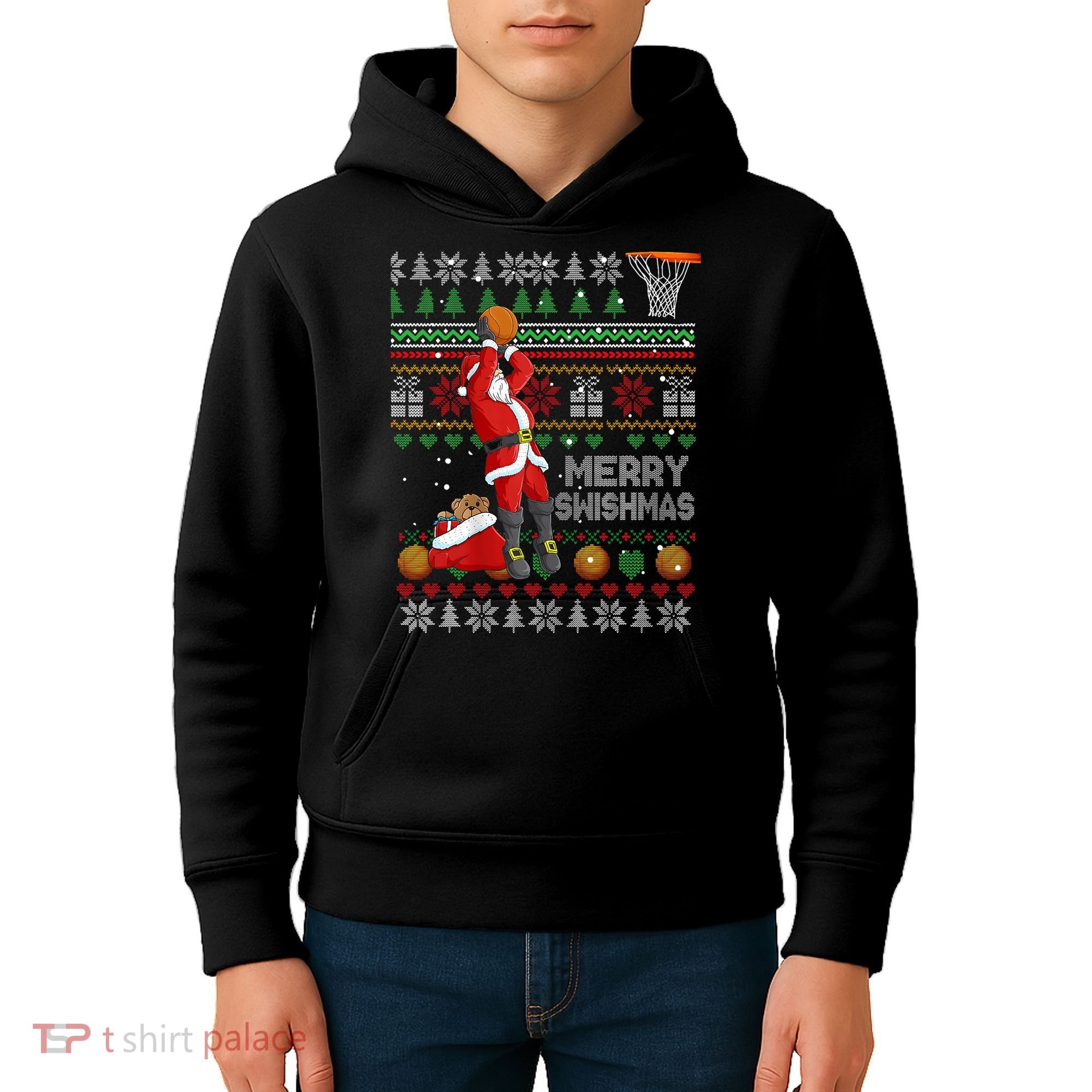 Funny Merry Swishmas Christmas Santa Playing Basketball Kids Hoodie