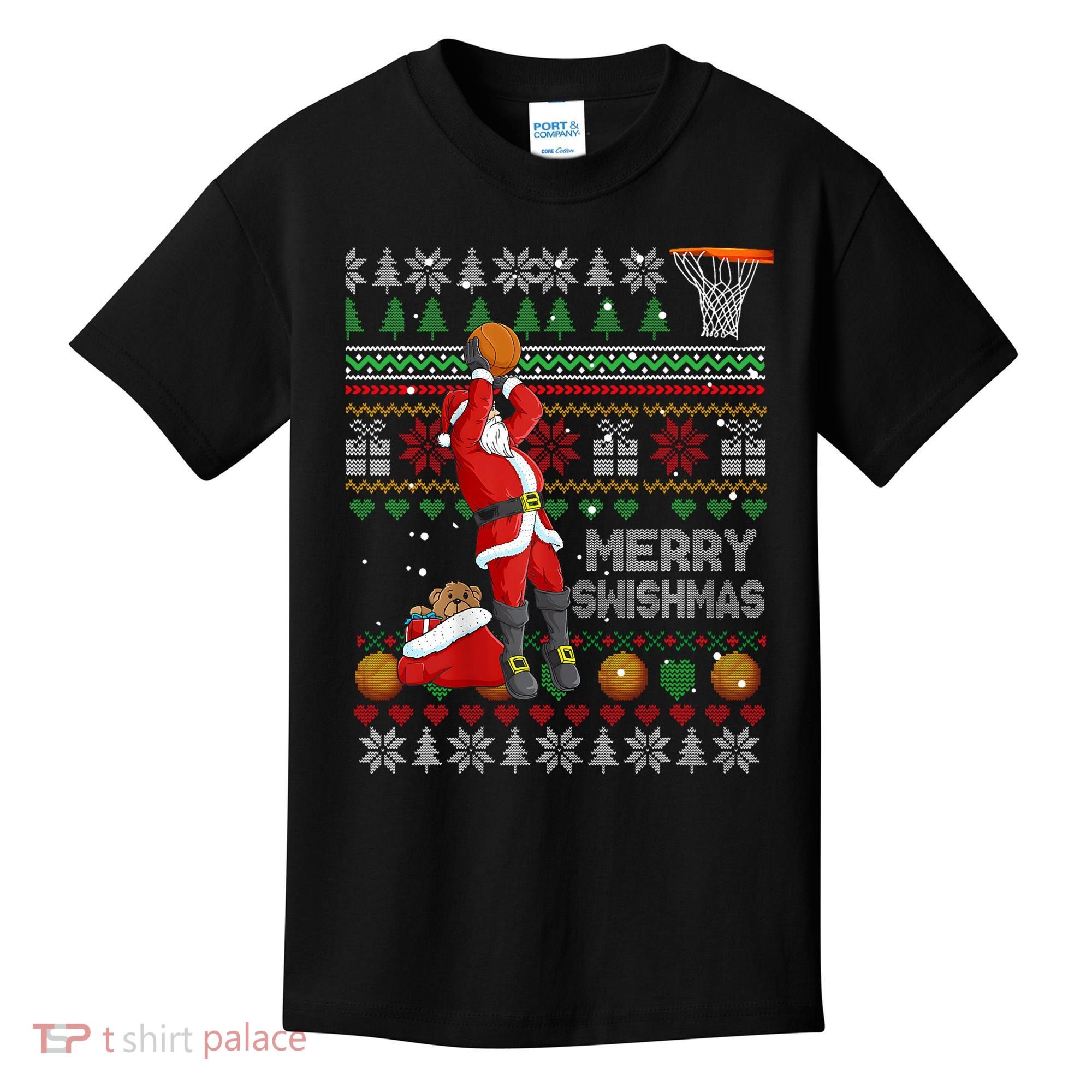Funny Merry Swishmas Christmas Santa Playing Basketball Kids T-Shirt