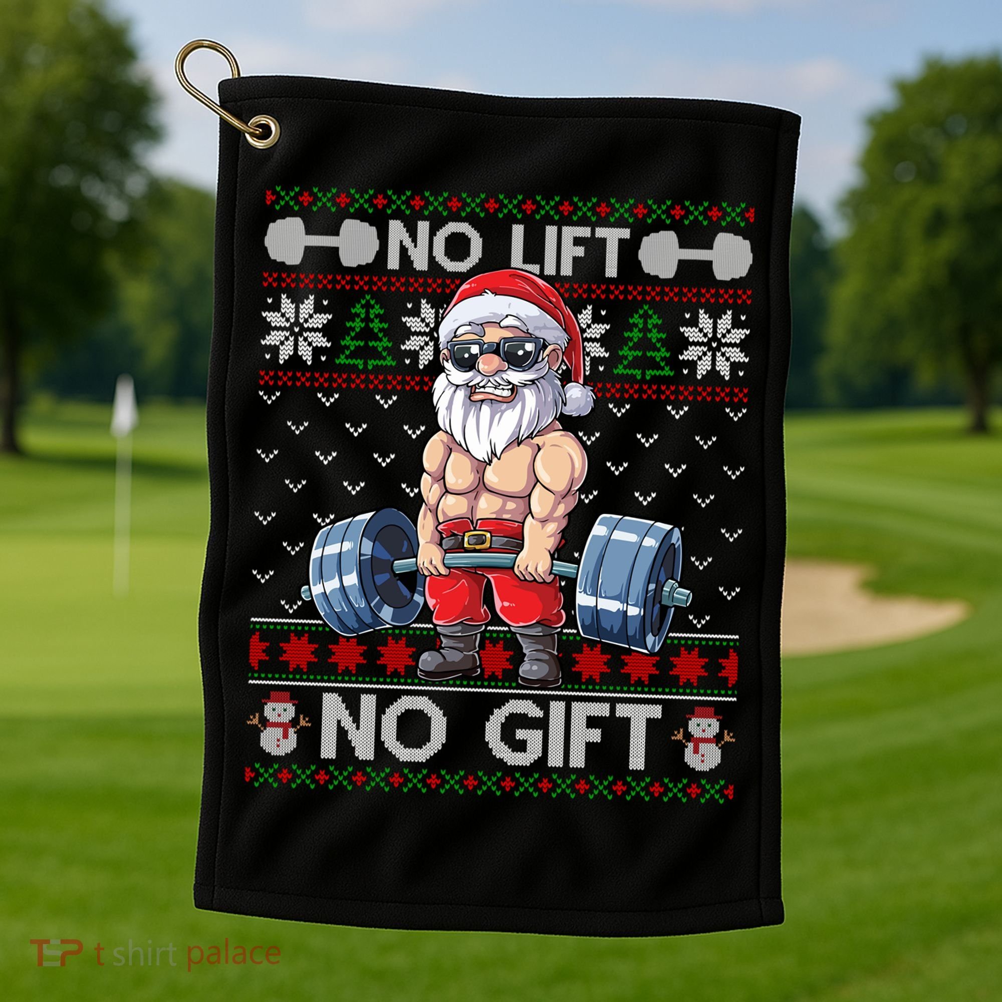 Funny Muscle Santa Lifting Christmas Ugly Christmas Sweater Gift Golf Towel