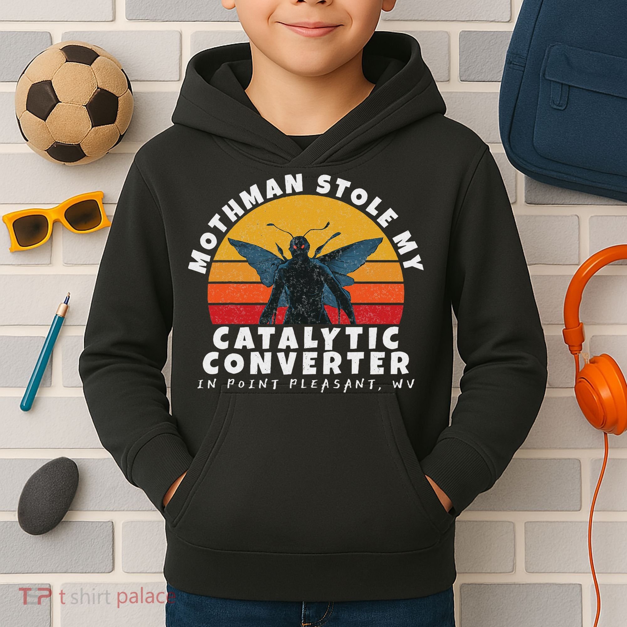 Funny Mothman Stole My Catalytic Converter Mothman Cryptid Kids Hoodie