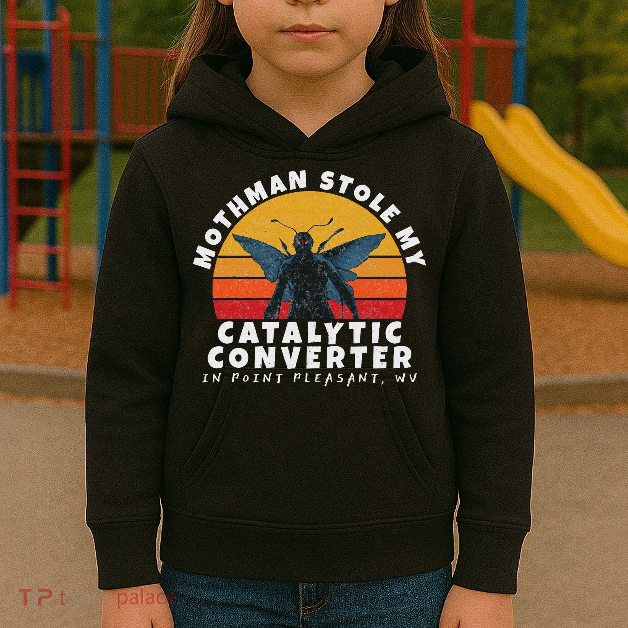 Funny Mothman Stole My Catalytic Converter Mothman Cryptid Kids Hoodie