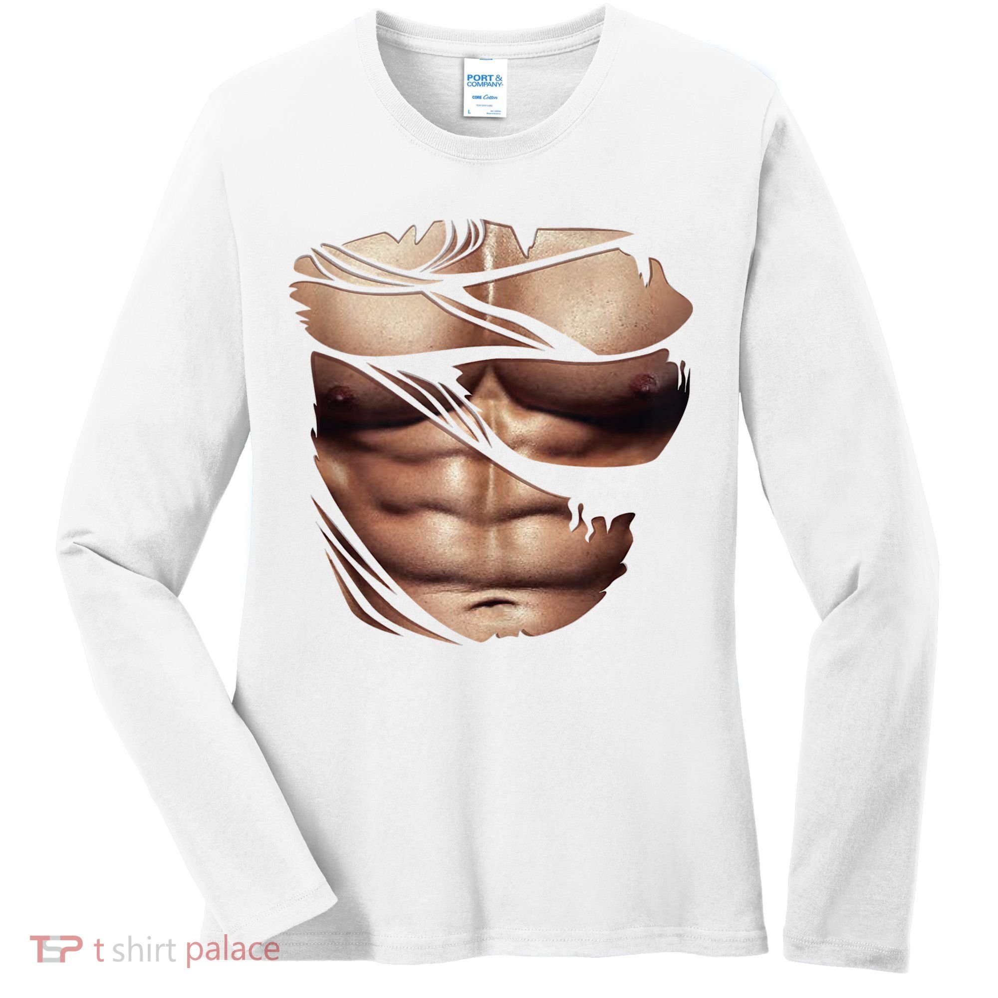 Fake Muscles Six Pack Abs Ripped Chest Fake Bodybuilding Women's Long Sleeve Shirt