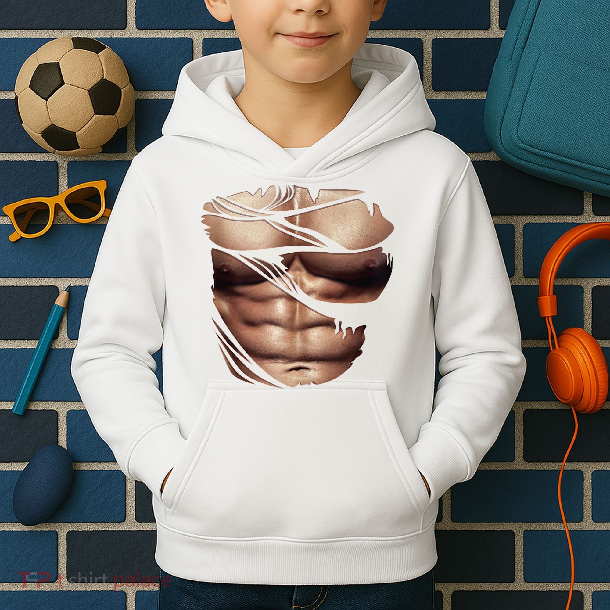 Fake Muscles Six Pack Abs Ripped Chest Fake Bodybuilding Kids Hoodie