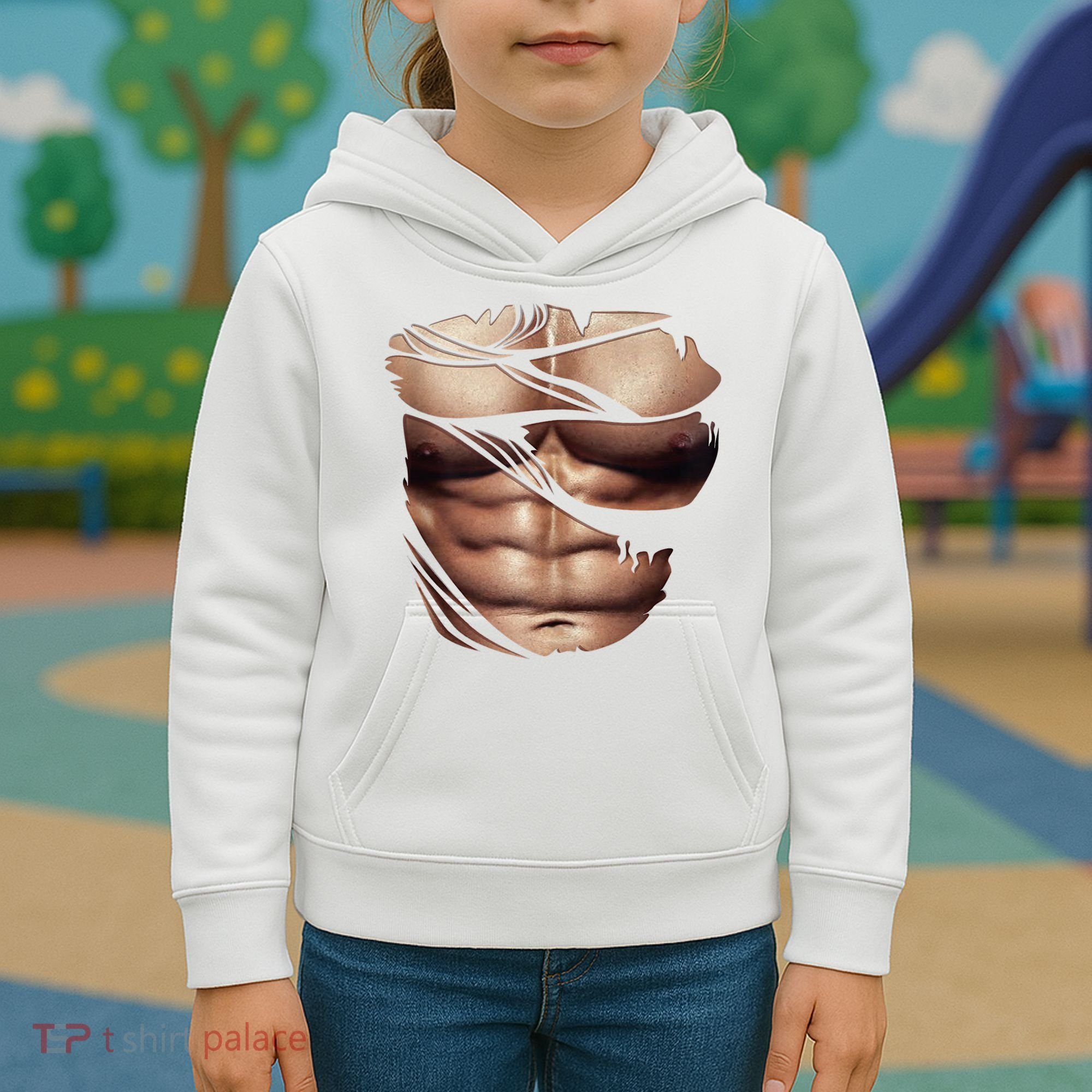 Fake Muscles Six Pack Abs Ripped Chest Fake Bodybuilding Kids Hoodie