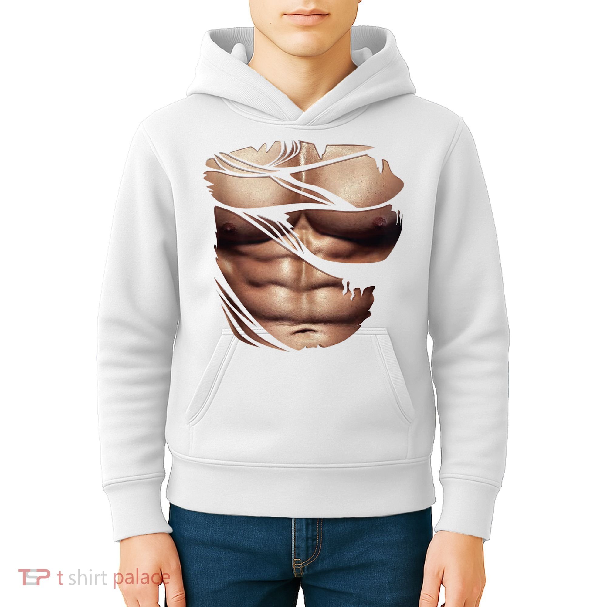 Fake Muscles Six Pack Abs Ripped Chest Fake Bodybuilding Kids Hoodie