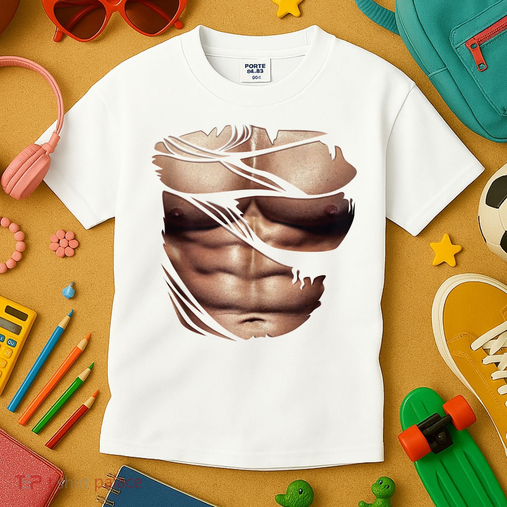 Fake Muscles Six Pack Abs Ripped Chest Fake Bodybuilding Kids T-Shirt