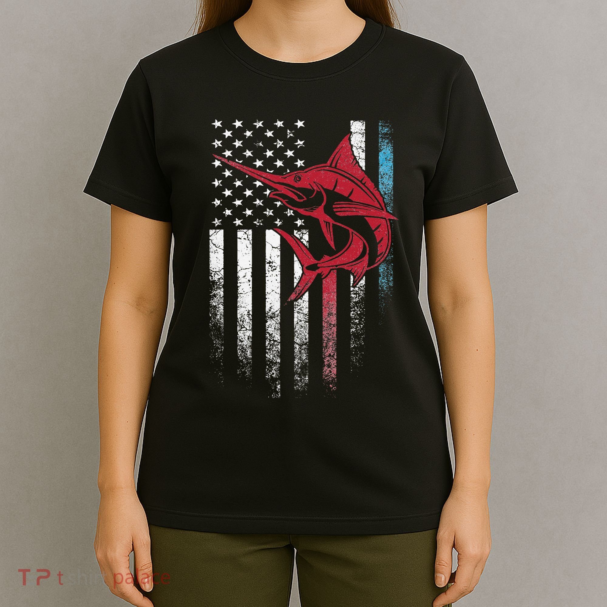Fishing Marlin Swordfish Fish 4th of July American Flag USA T-Shirt