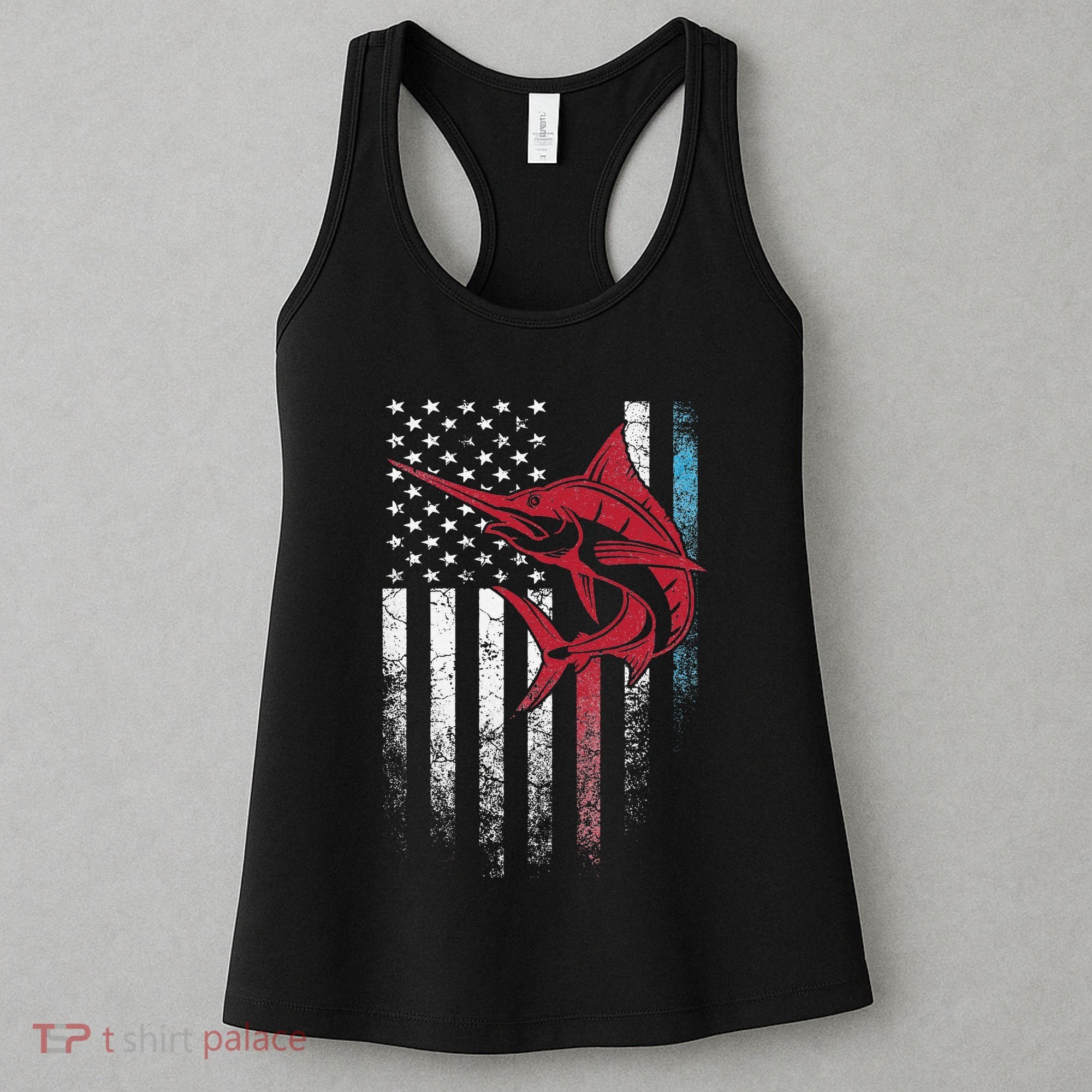 Fishing Marlin Swordfish Fish 4th of July American Flag USA Women's Tank Top