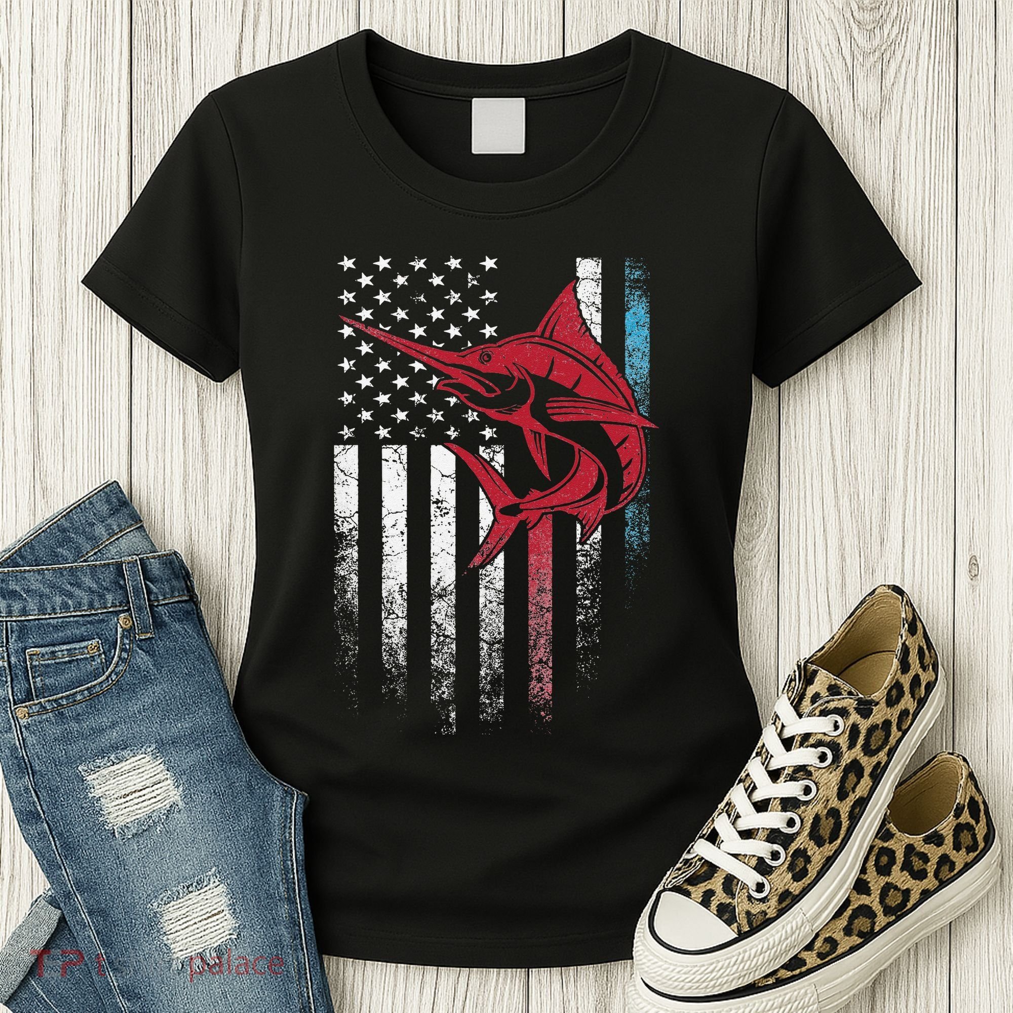 Fishing Marlin Swordfish Fish 4th of July American Flag USA Women's T-Shirt