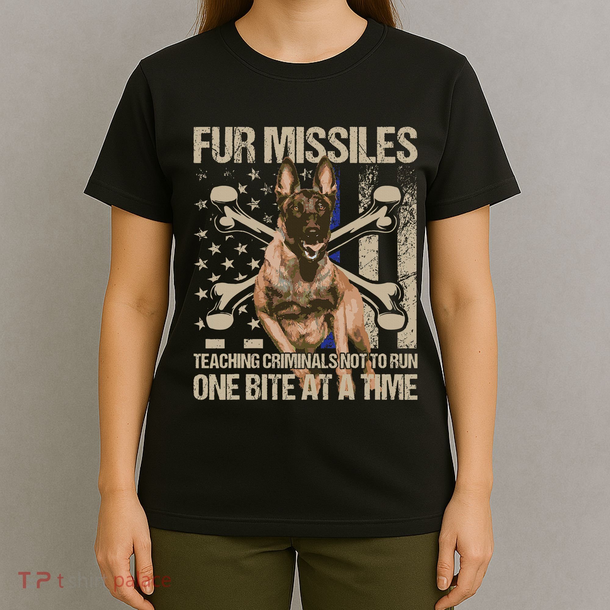 Fur Missiles Teaching Criminals Blue Line K9 Dog Unit Police T-Shirt