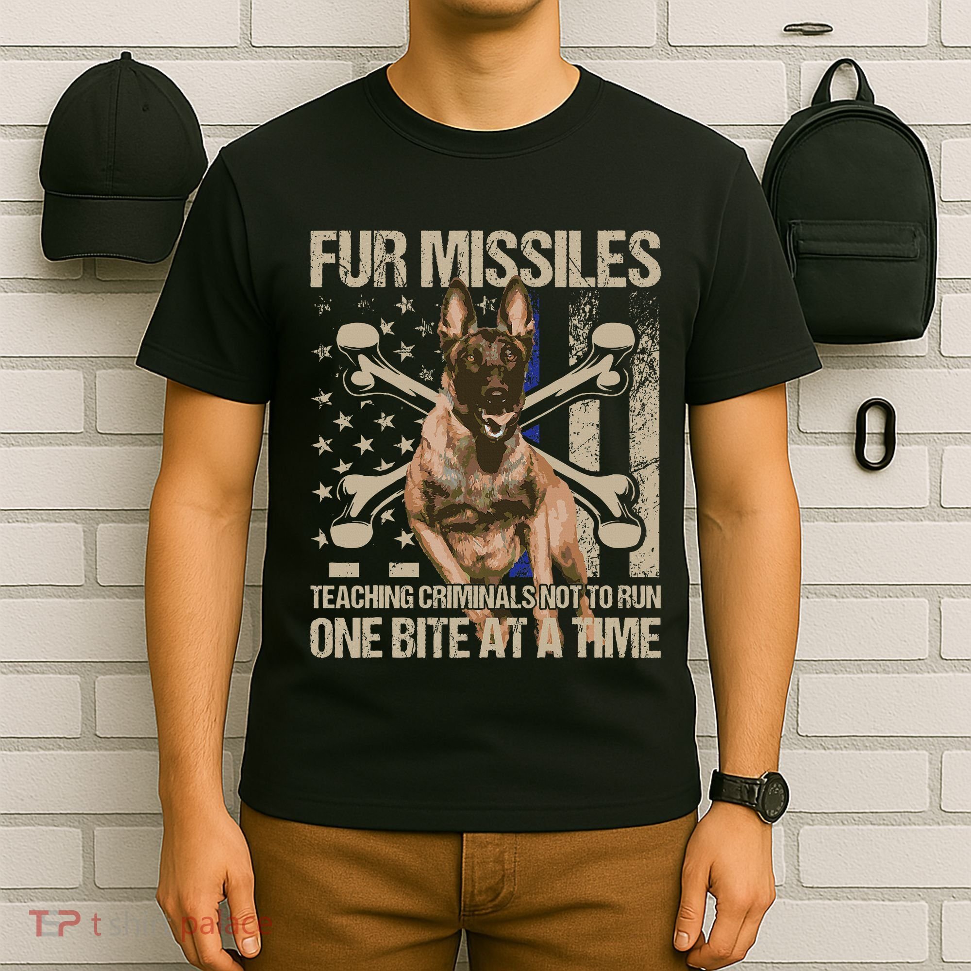 Fur Missiles Teaching Criminals Blue Line K9 Dog Unit Police T-Shirt