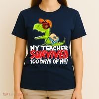 Funny My Teacher Survived 100 Days Of Me Trex Dinosaur T-Shirt thumb 4