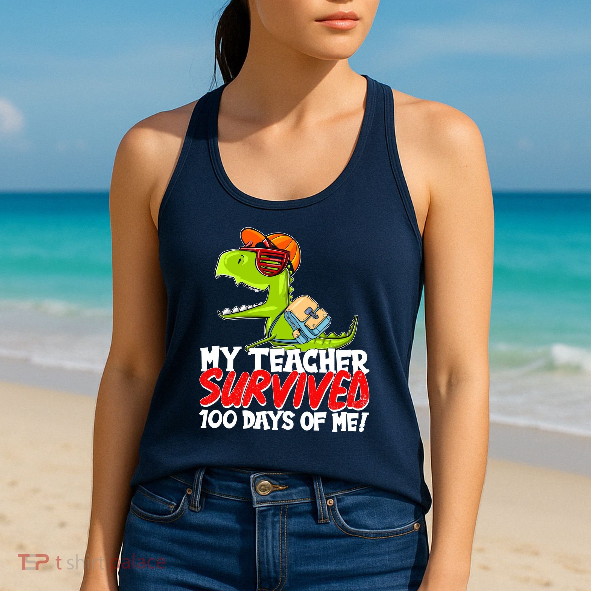 Funny My Teacher Survived 100 Days Of Me Trex Dinosaur Women's Tank Top