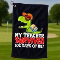 Funny My Teacher Survived 100 Days Of Me Trex Dinosaur Golf Towel thumb 1