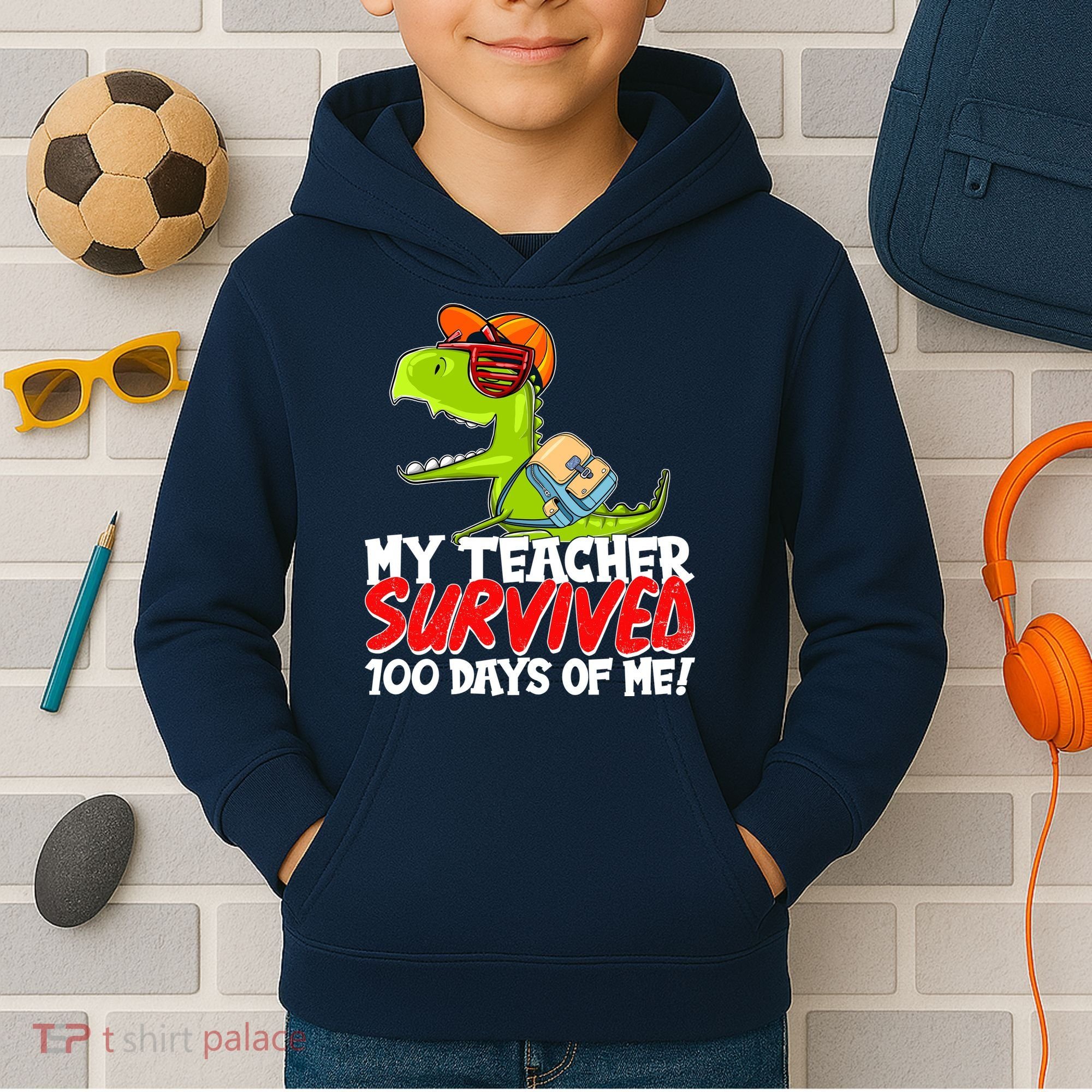 Funny My Teacher Survived 100 Days Of Me Trex Dinosaur Kids Hoodie