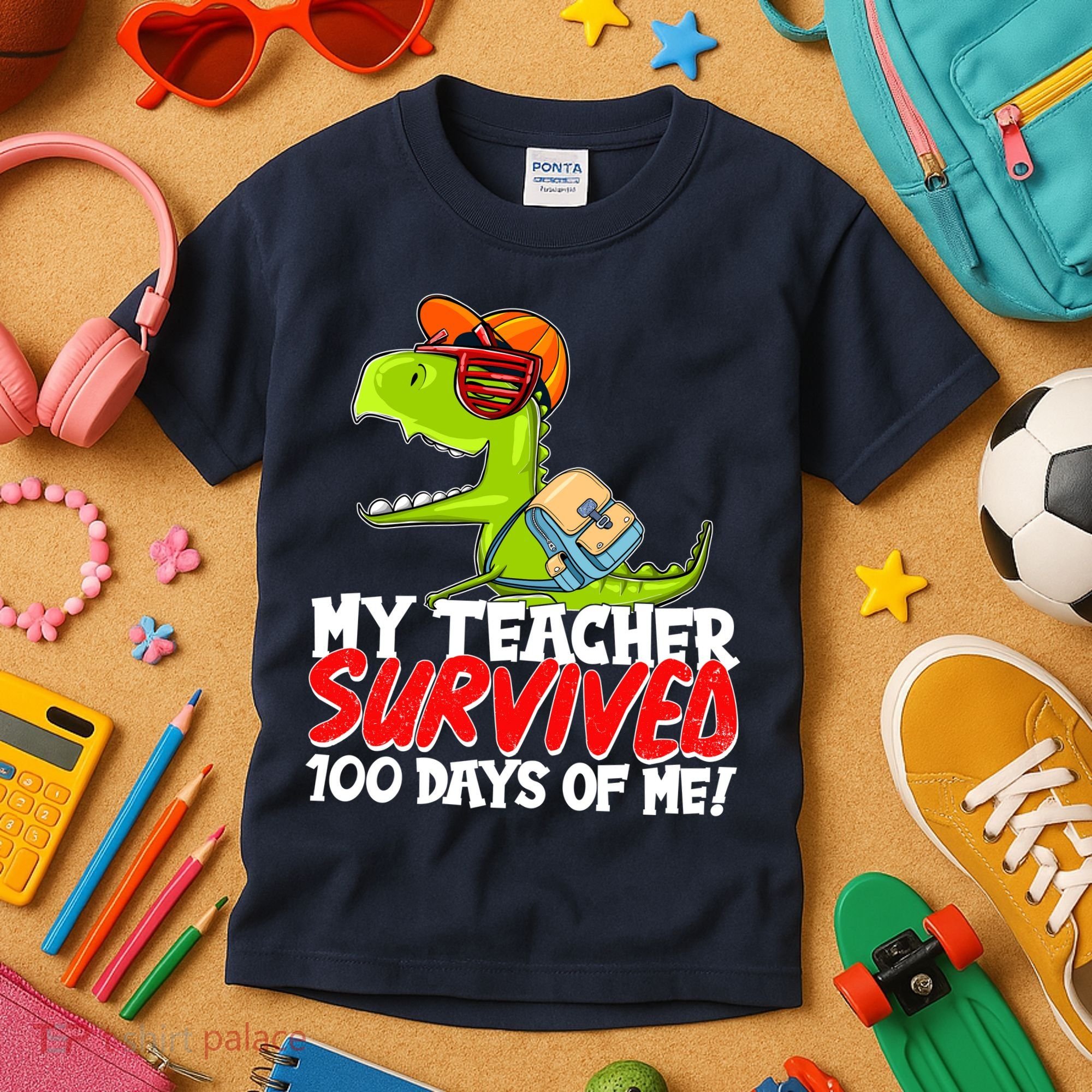 Funny My Teacher Survived 100 Days Of Me Trex Dinosaur Kids T-Shirt