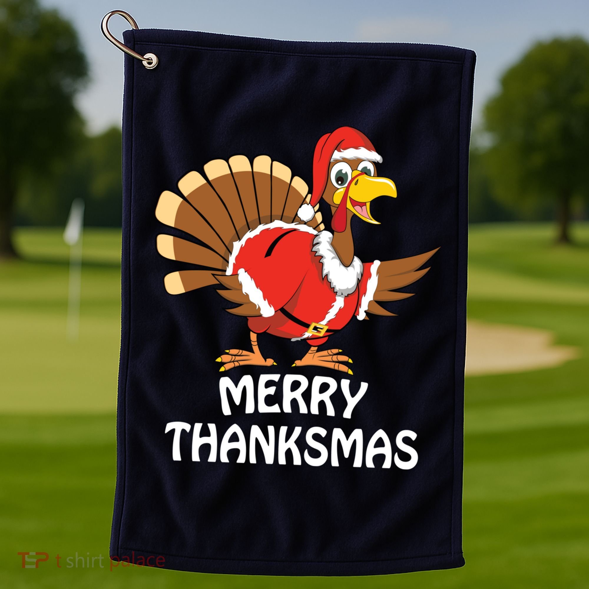 Funny Merry Thanksmas Happy Thanksgiving Merry Christmas Golf Towel