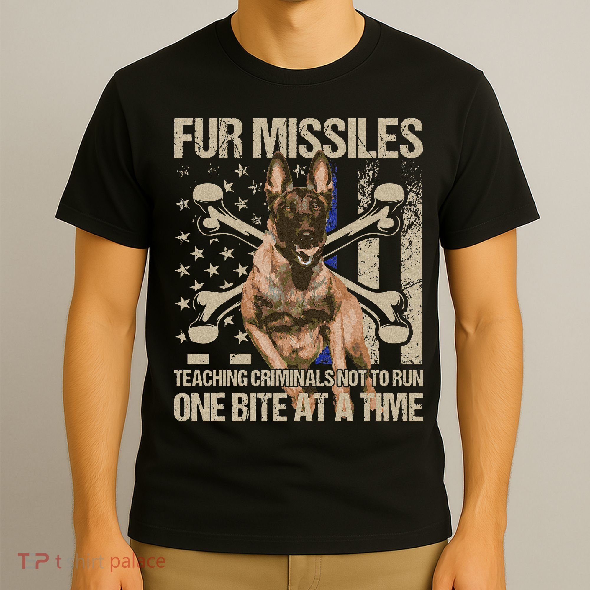 Fur Missiles Teaching Criminals Blue Line K9 Dog Unit Police T-Shirt