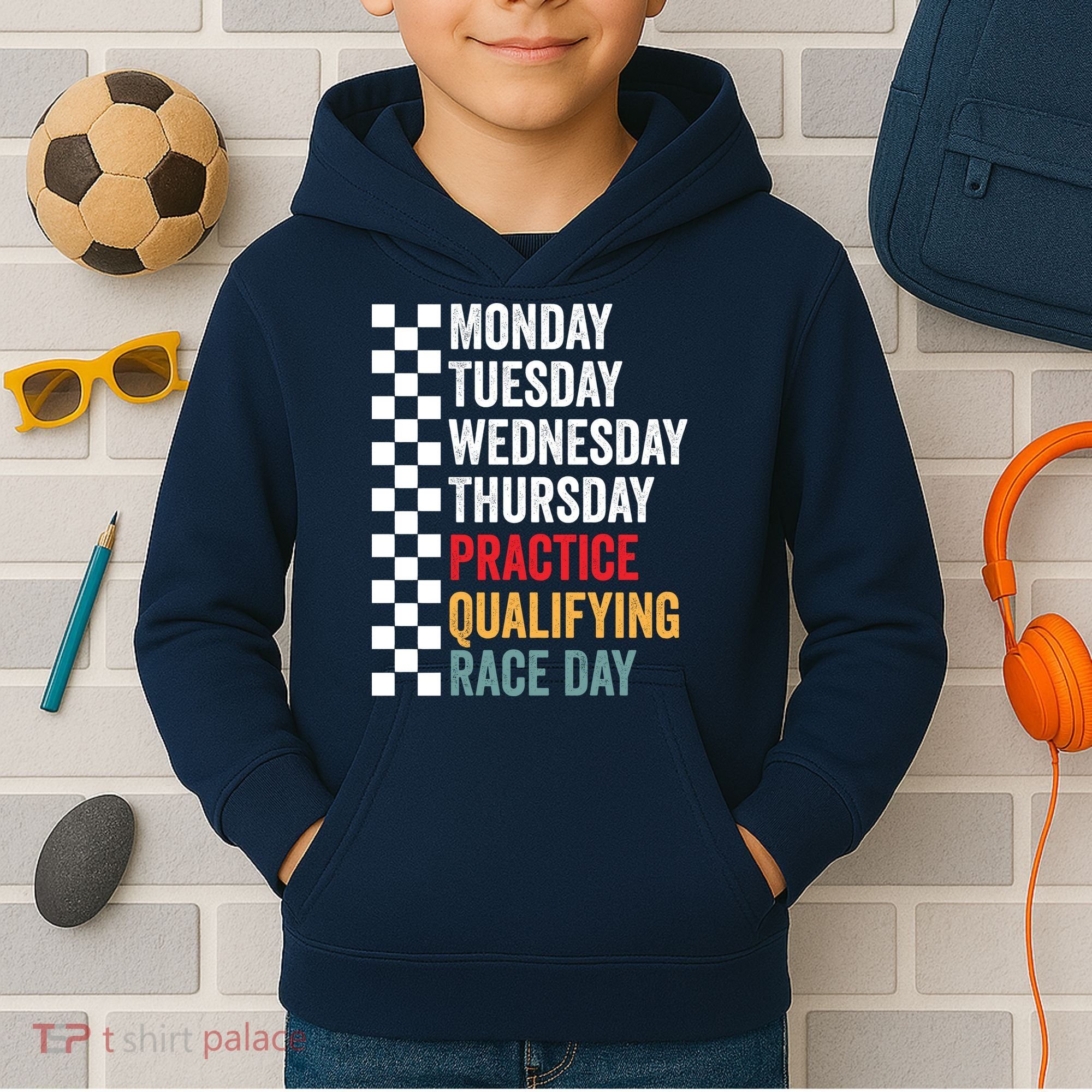 Funny Monday Tuesday Thursday Practice Qualifying Race Day Kids Hoodie