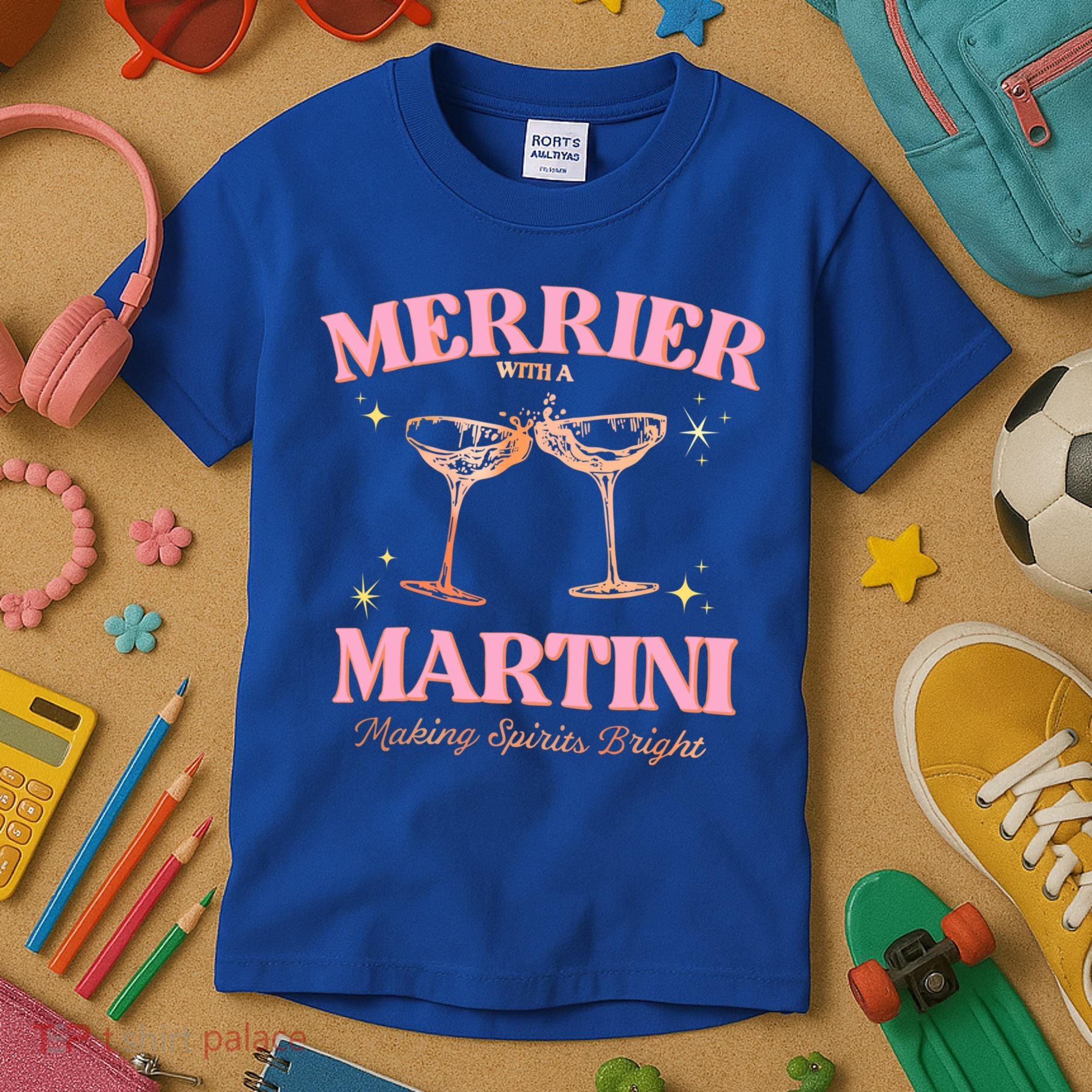 Funny Merrier With A Martini Bachelorette Merry Christmas Gift Kids T-Shirt