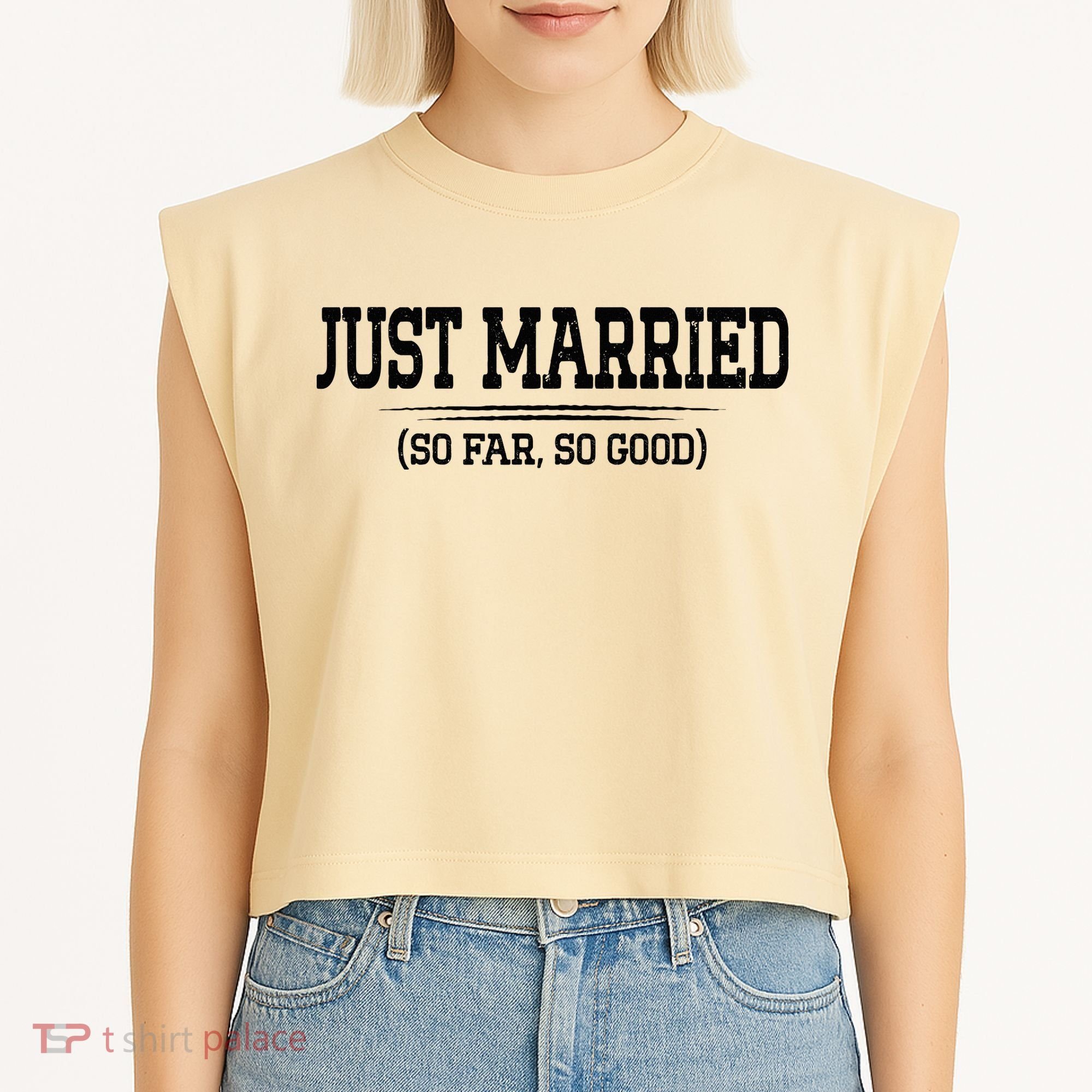 Funny Newlywed Couple Just Married So Far So Good Husband Garment-Dyed Women's Muscle Tee