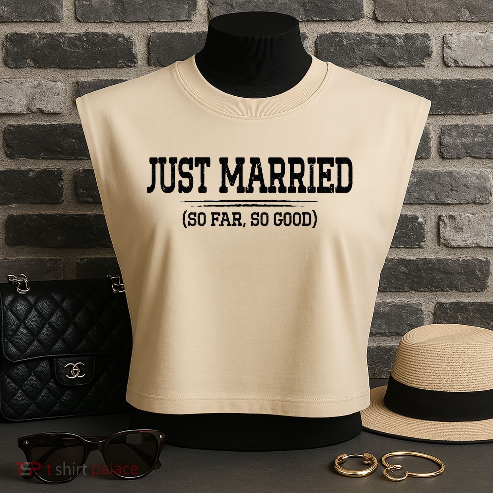 Funny Newlywed Couple Just Married So Far So Good Husband Garment-Dyed Women's Muscle Tee