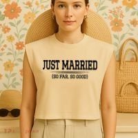 Funny Newlywed Couple Just Married So Far So Good Husband Garment-Dyed Women's Muscle Tee thumb 4