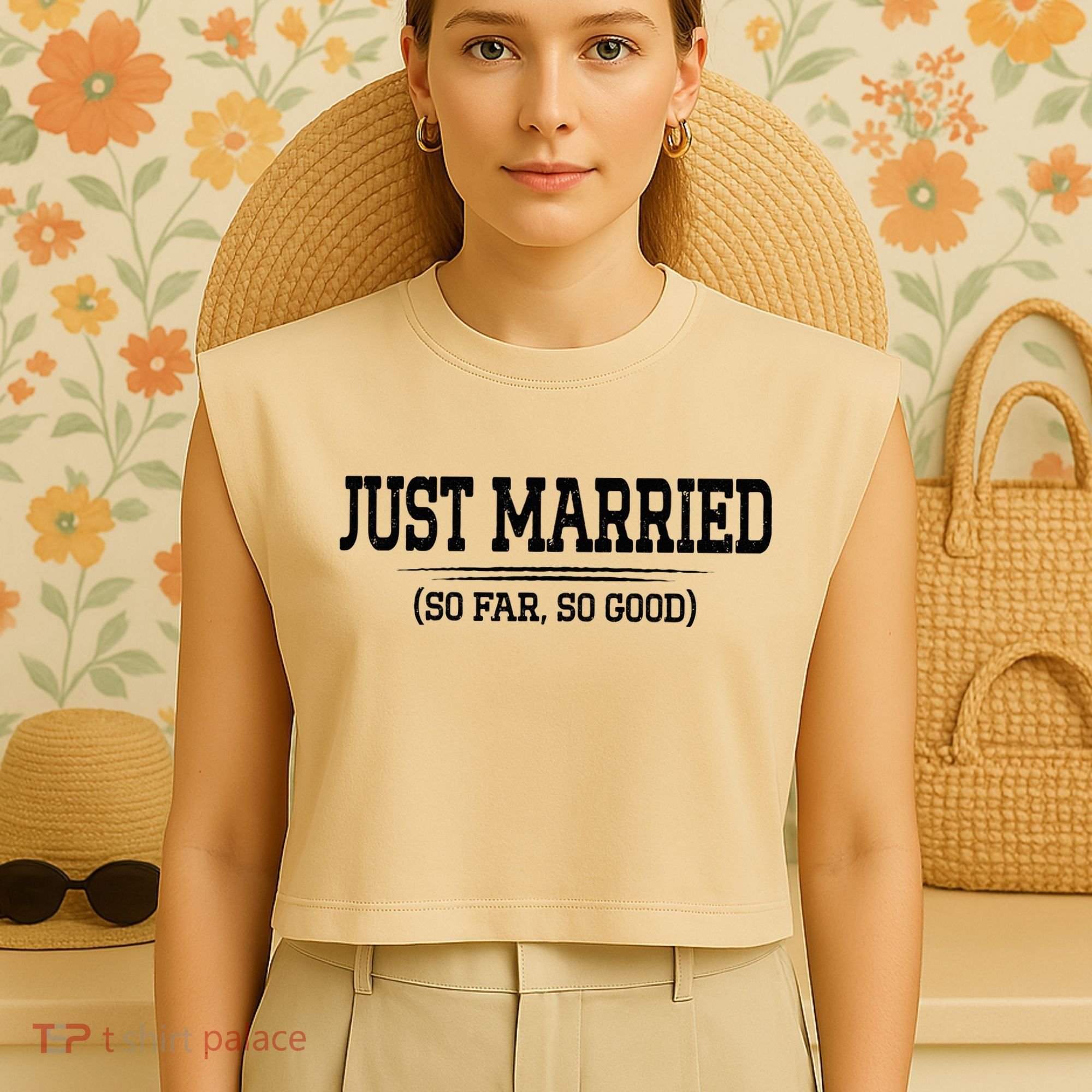 Funny Newlywed Couple Just Married So Far So Good Husband Garment-Dyed Women's Muscle Tee