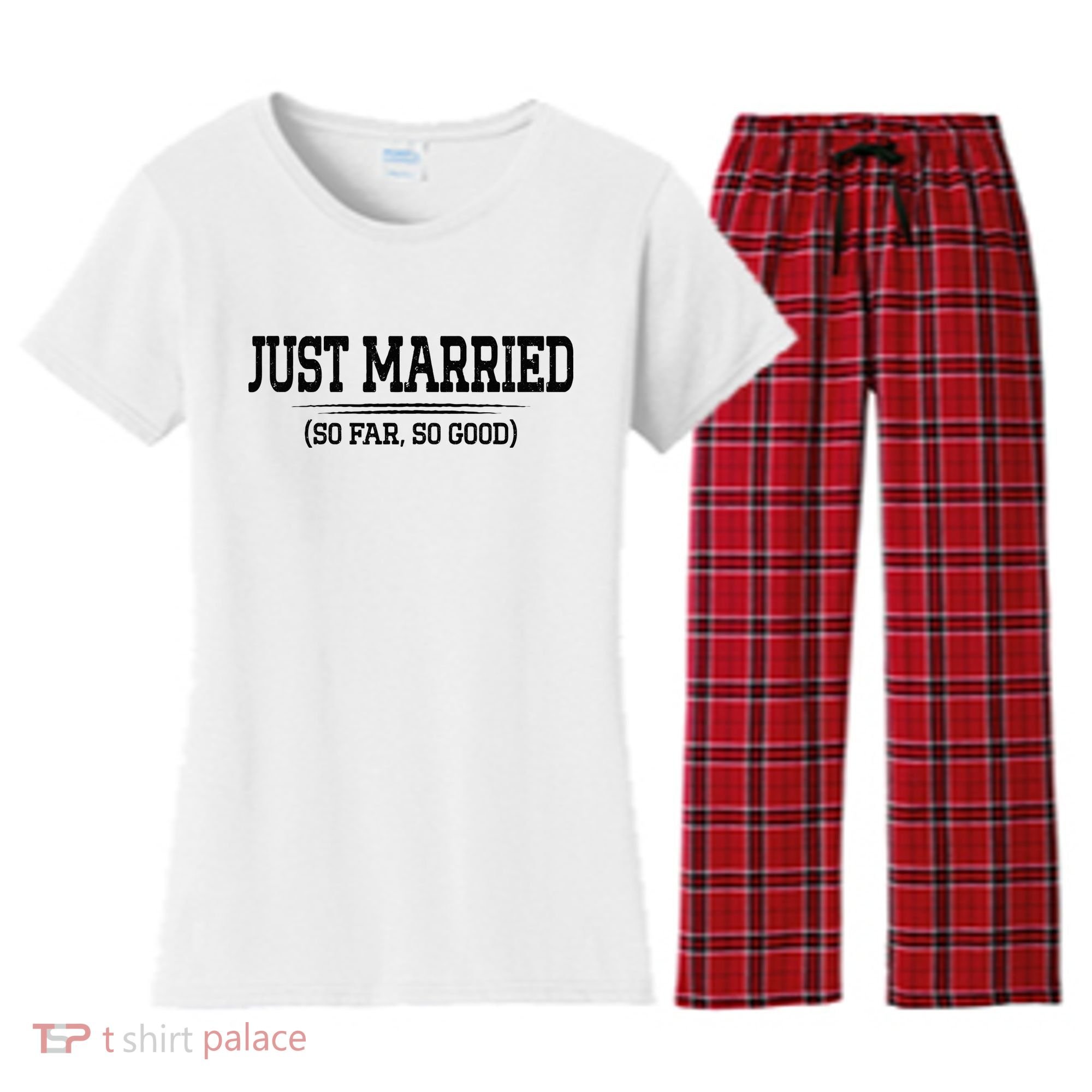 Funny Newlywed Couple Just Married So Far So Good Husband Women's Flannel Pajama Set