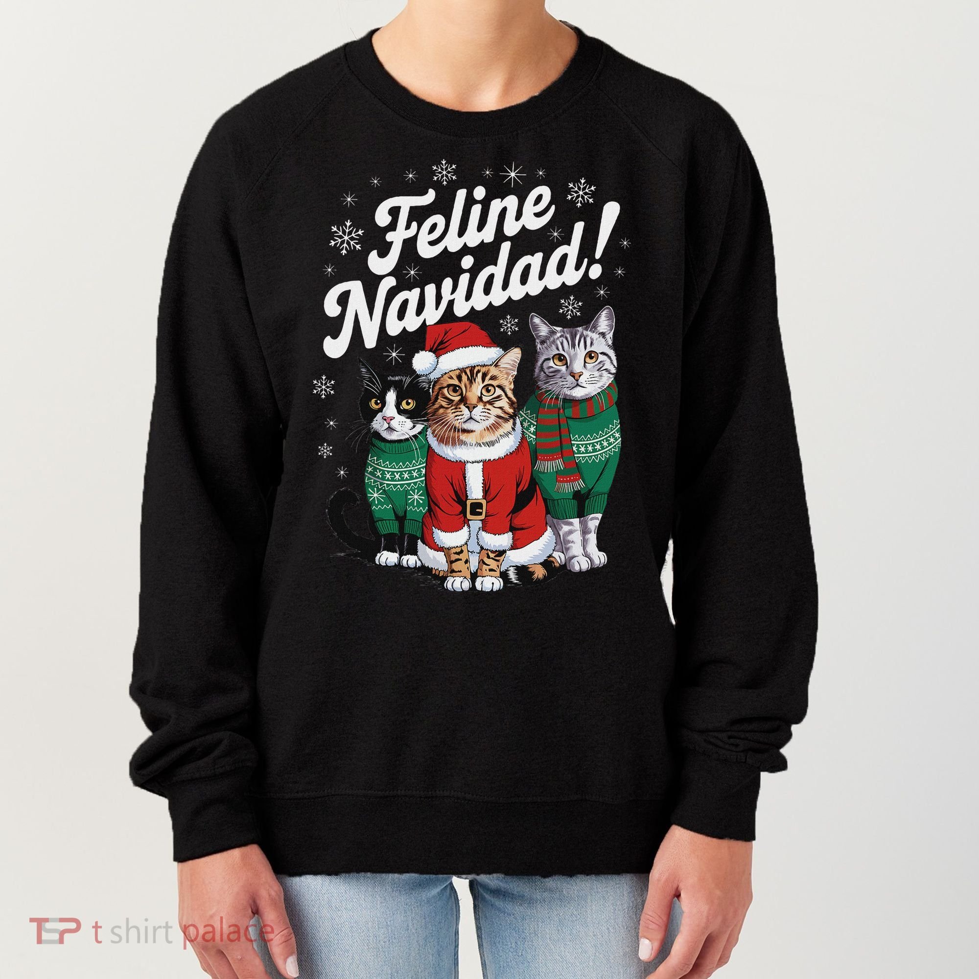 Feline Navidad Funny Cat Christmas Holiday Xmas Santa Hat Women's Sweatshirt