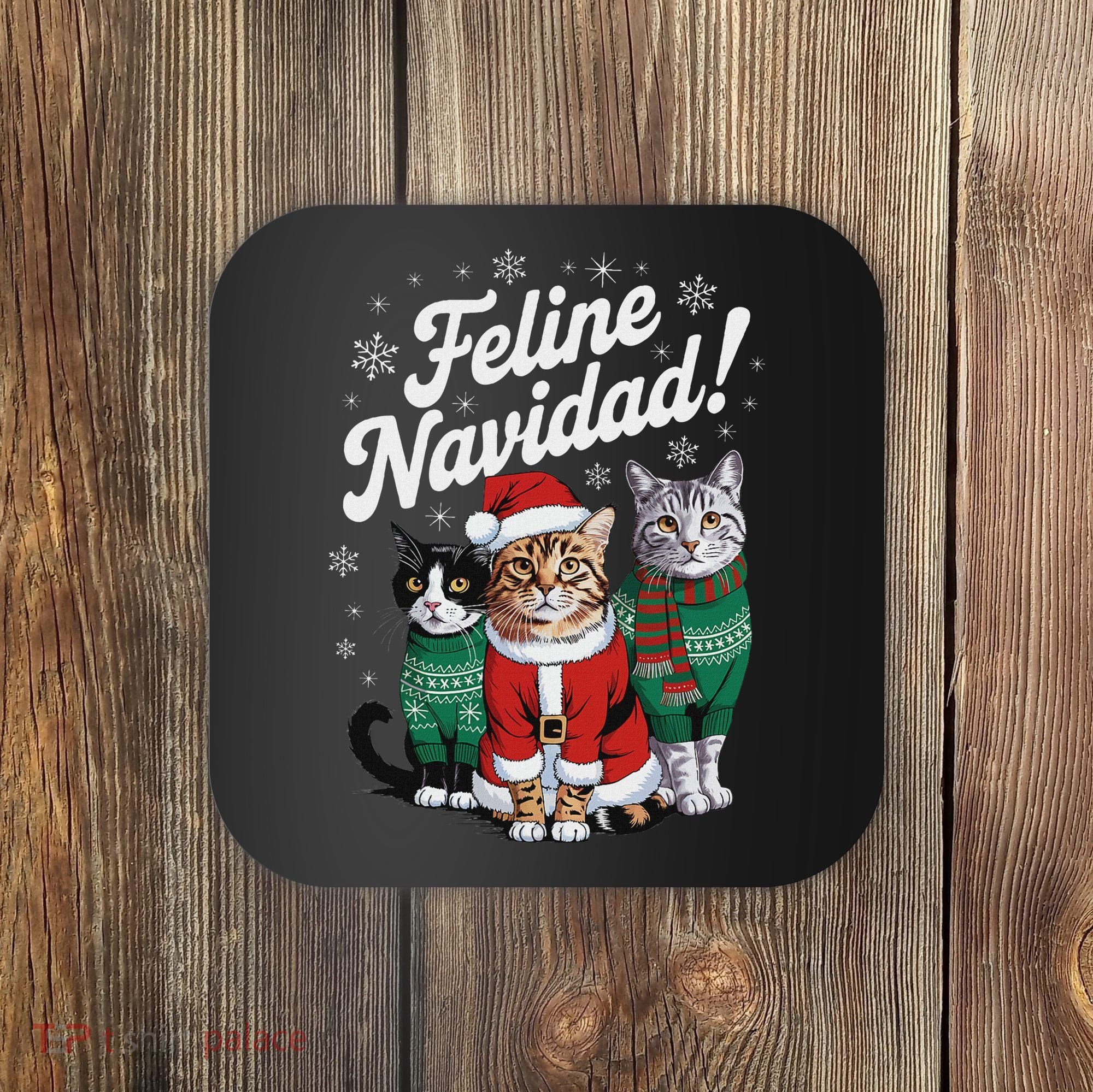 Feline Navidad Funny Cat Christmas Holiday Xmas Santa Hat Coaster