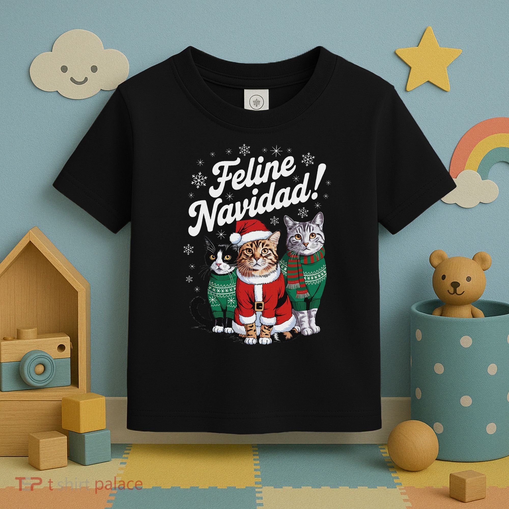 Feline Navidad Funny Cat Christmas Holiday Xmas Santa Hat Toddler T-Shirt