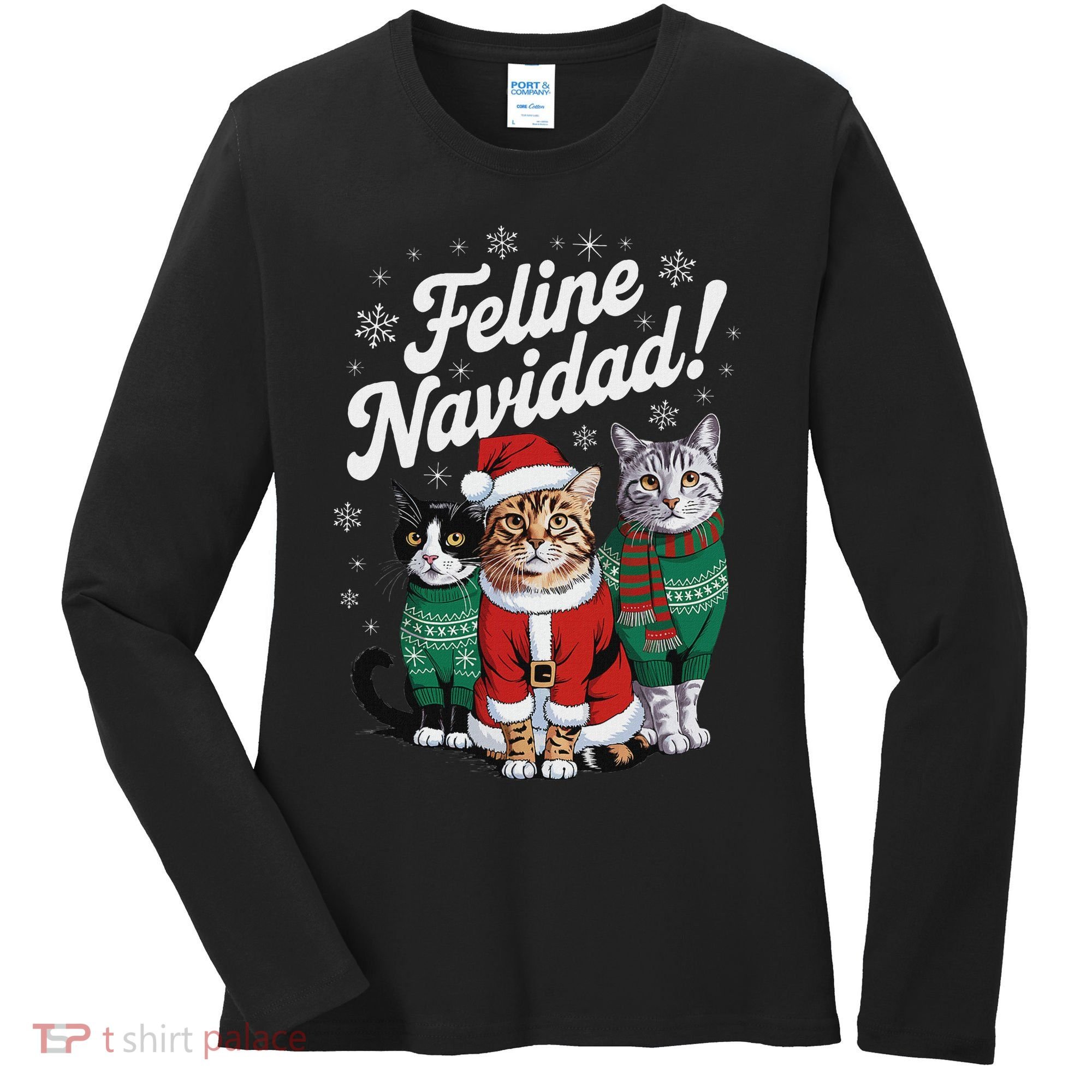 Feline Navidad Funny Cat Christmas Holiday Xmas Santa Hat Women's Long Sleeve Shirt
