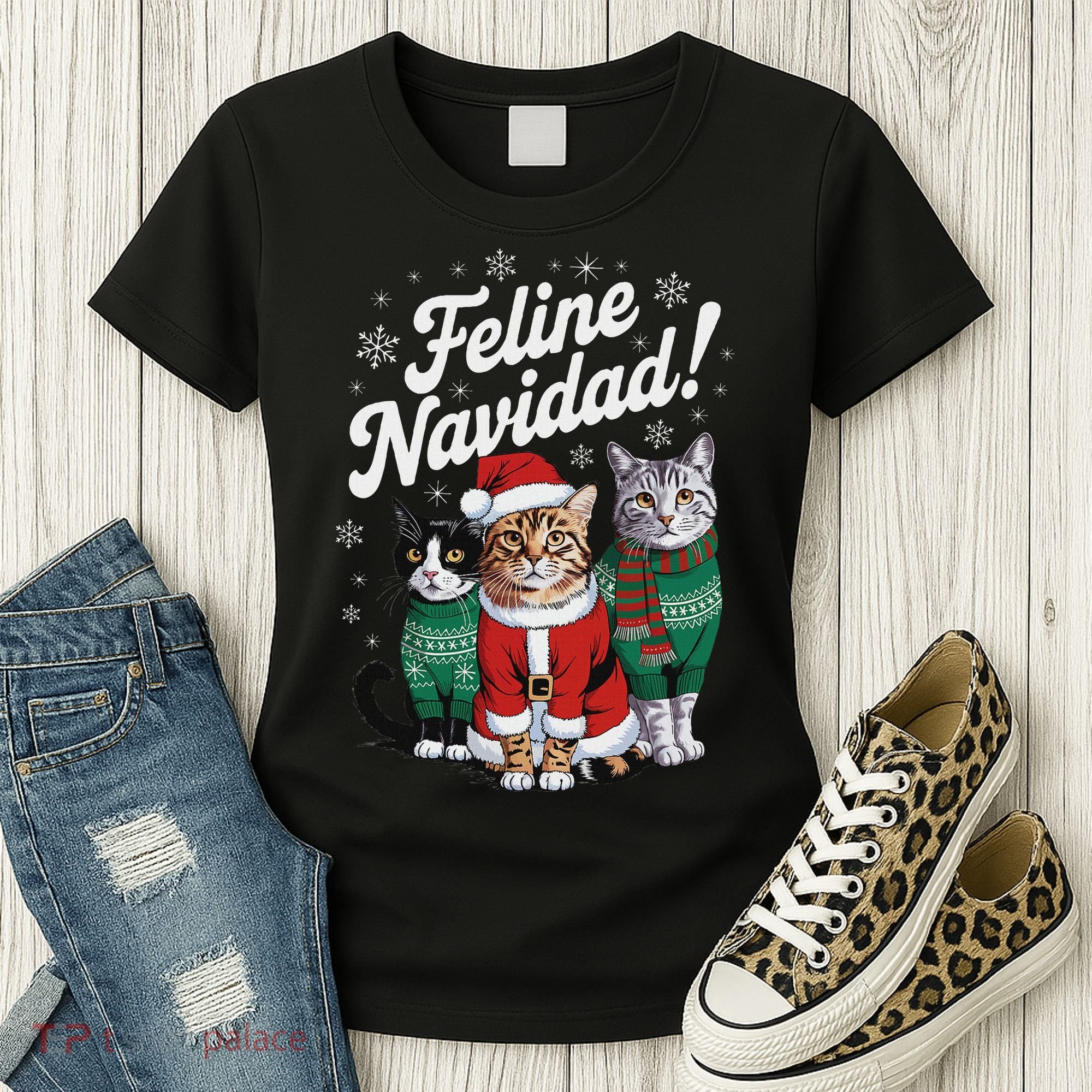 Feline Navidad Funny Cat Christmas Holiday Xmas Santa Hat Women's T-Shirt