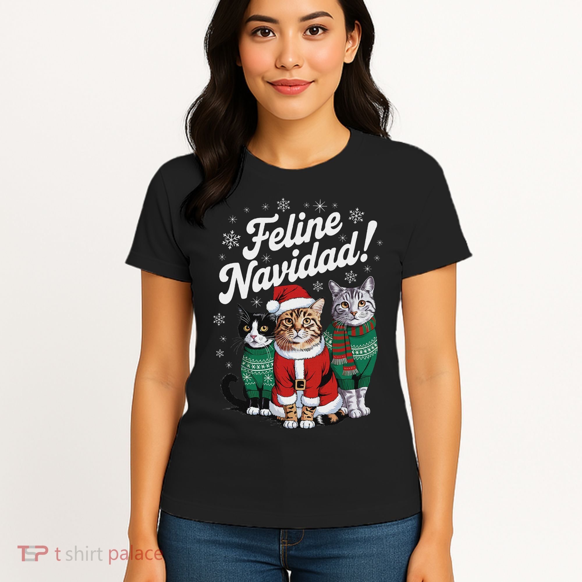 Feline Navidad Funny Cat Christmas Holiday Xmas Santa Hat Women's T-Shirt