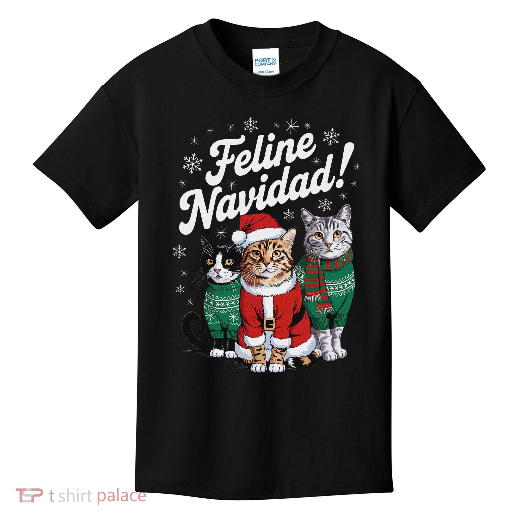 Feline Navidad Funny Cat Christmas Holiday Xmas Santa Hat Kids T-Shirt