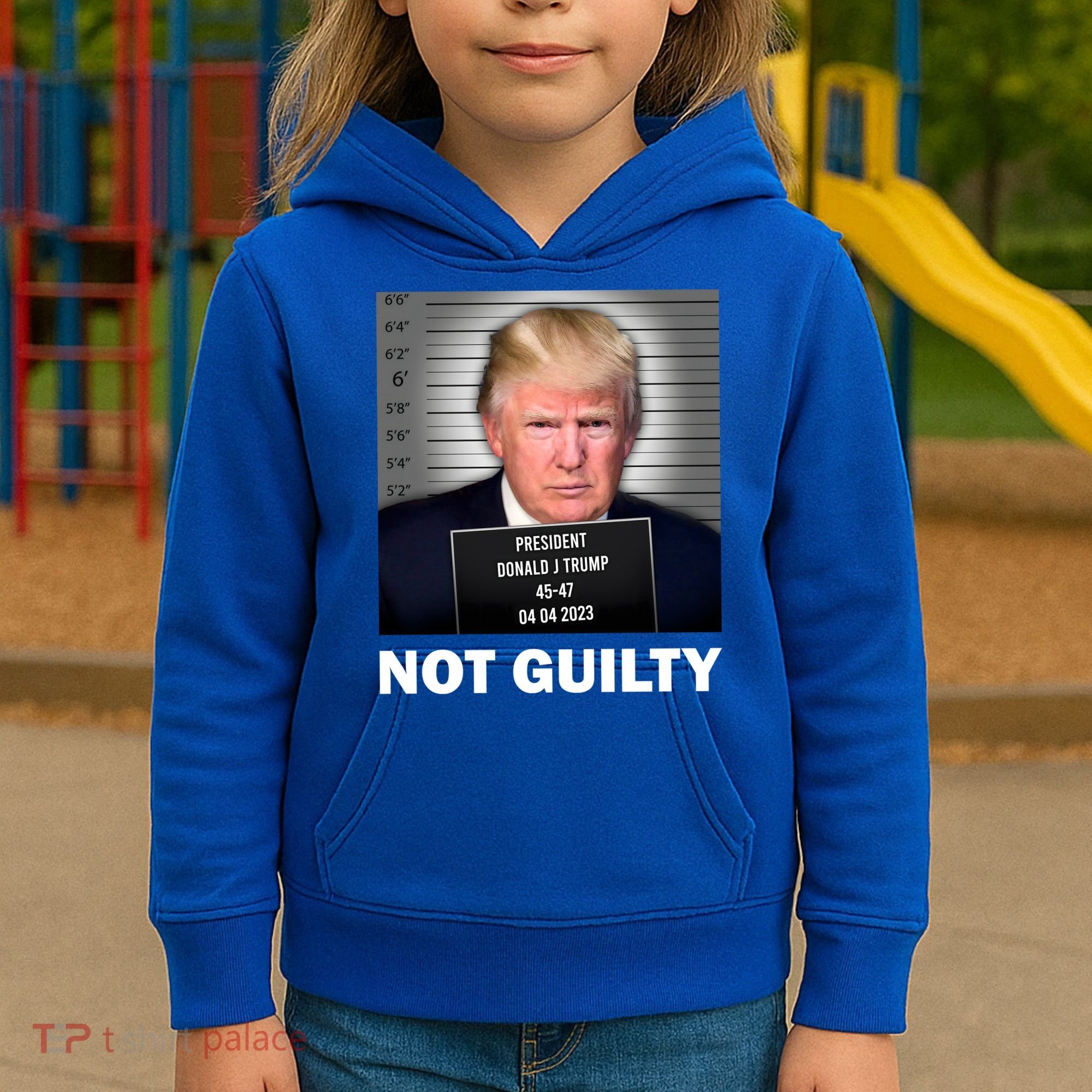 Funny Not Guilty Donald Trump Mug Shot Kids Hoodie