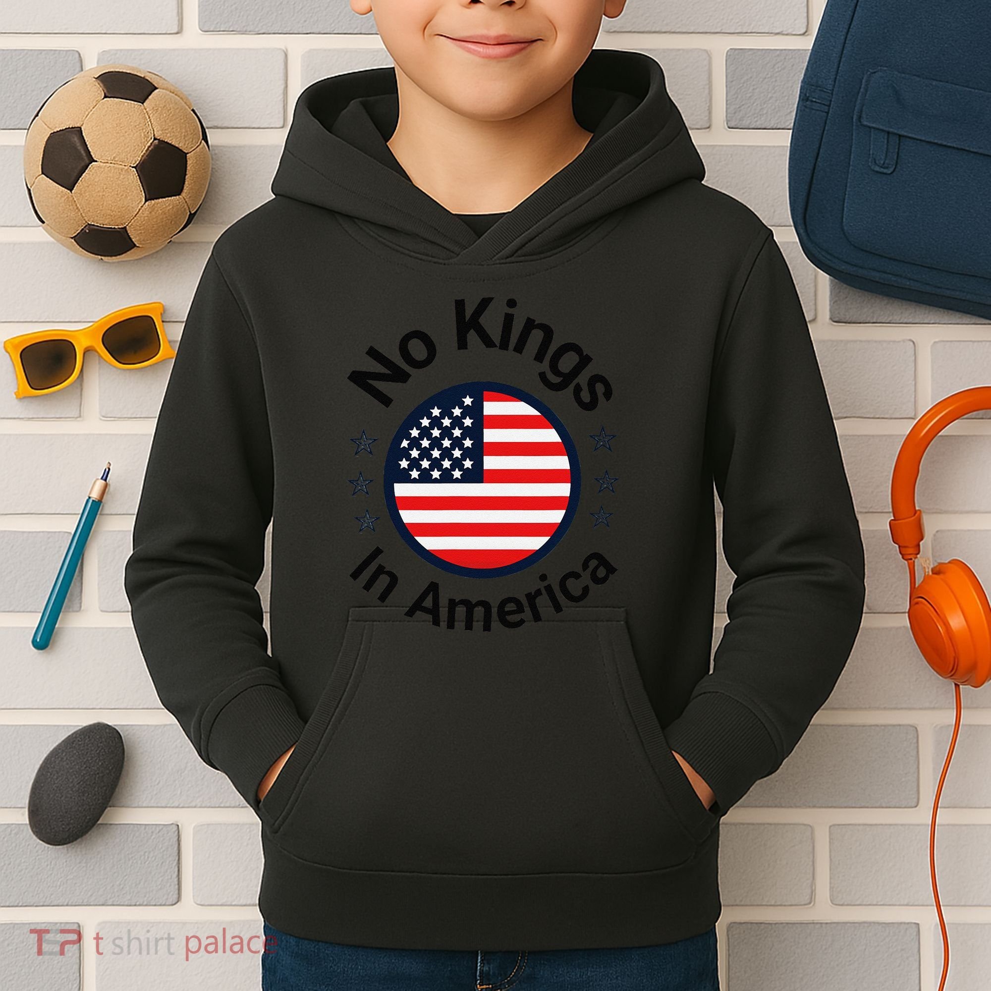 Funny No Kings In America Flag Protest Save Democracy Kids Hoodie