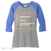 Funny Naughty Nice On A Government Watch List Christmas Xmas Women's Tri-Blend 3/4-Sleeve Raglan Shirt thumb 0