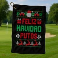 Feliz Navidad Putos Ugly Mexican Christmas Sweater Funny Golf Towel thumb 1