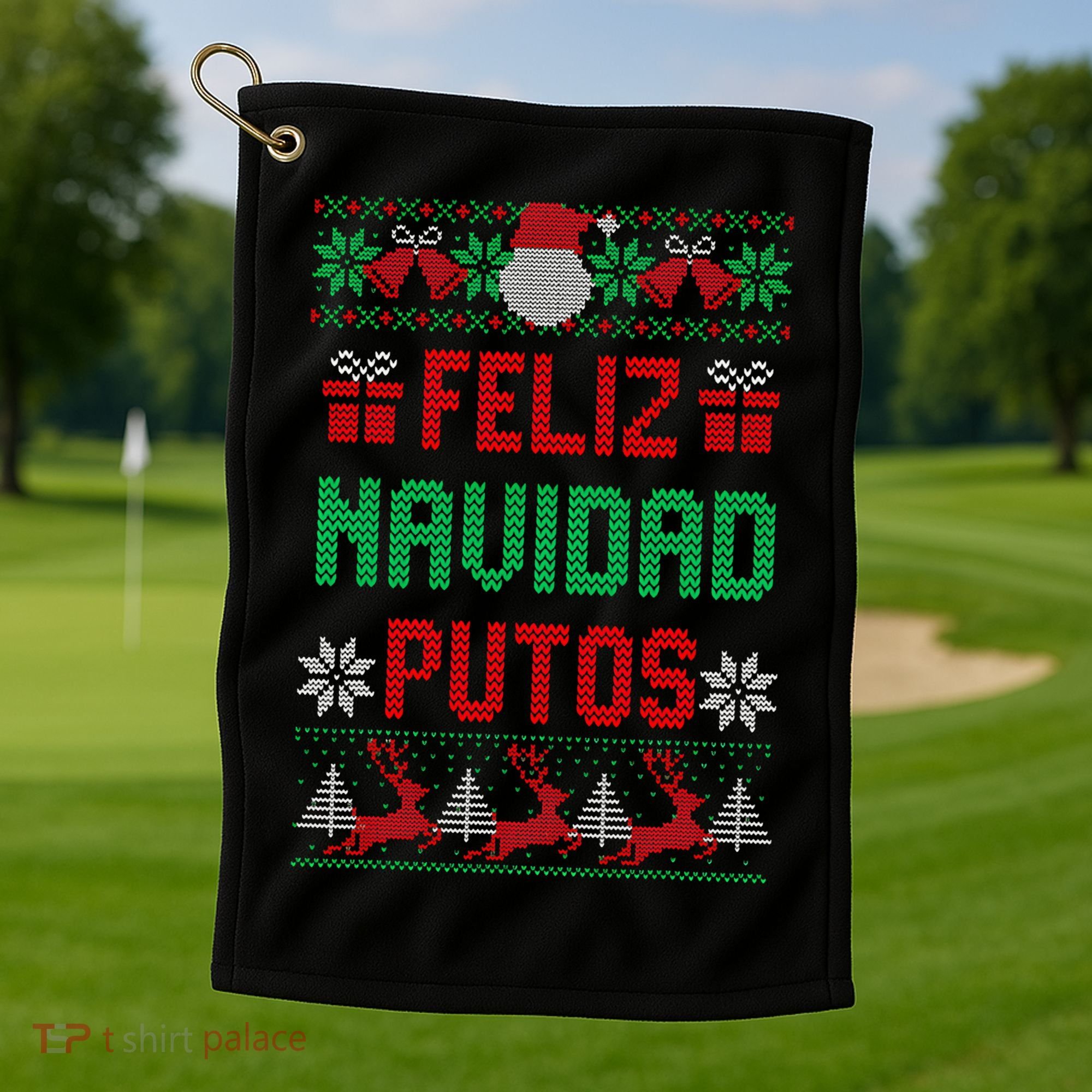 Feliz Navidad Putos Ugly Mexican Christmas Sweater Funny Golf Towel