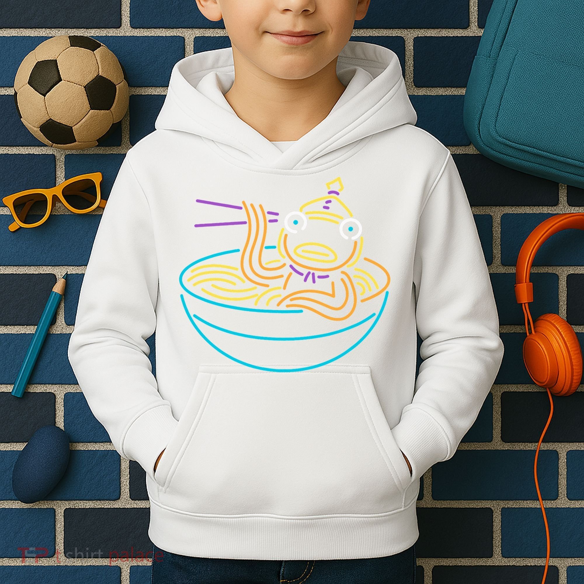 Fishstick Neon Ramen Bowl Center Icon Kids Hoodie