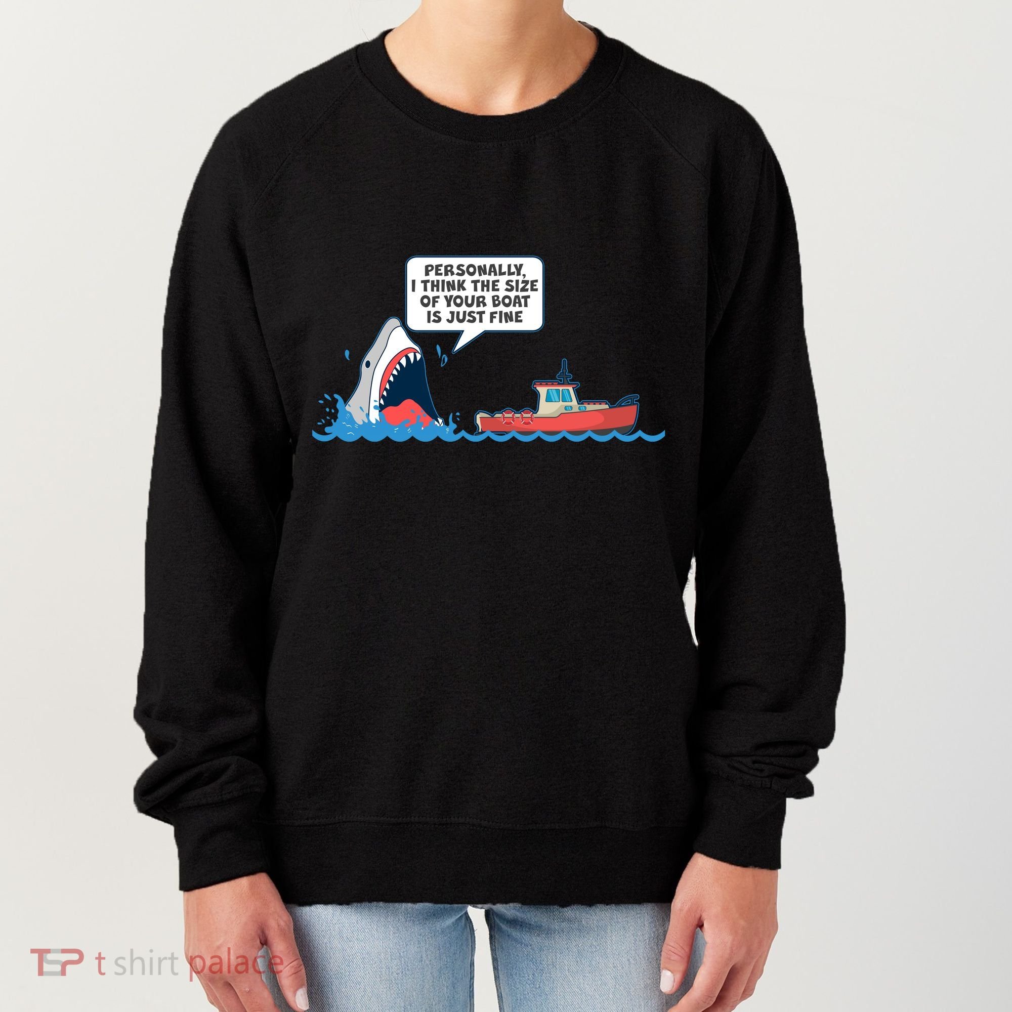 Funny Nice Shark And Fishing Boat Comic Women's Sweatshirt